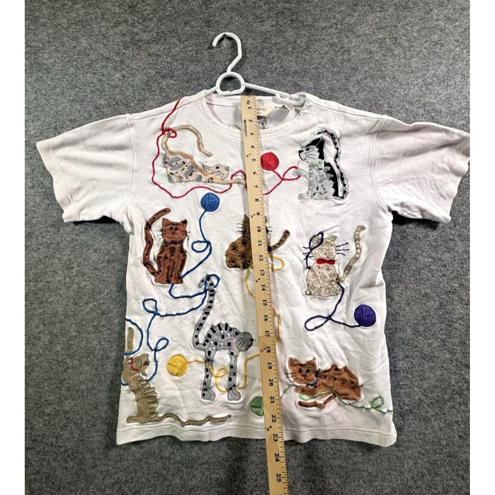 VINTAGE Bechamel Cat Blouse Shirt Womens PS Petite Short Sleeve Embroidered Cat White Knit 100% Cotton