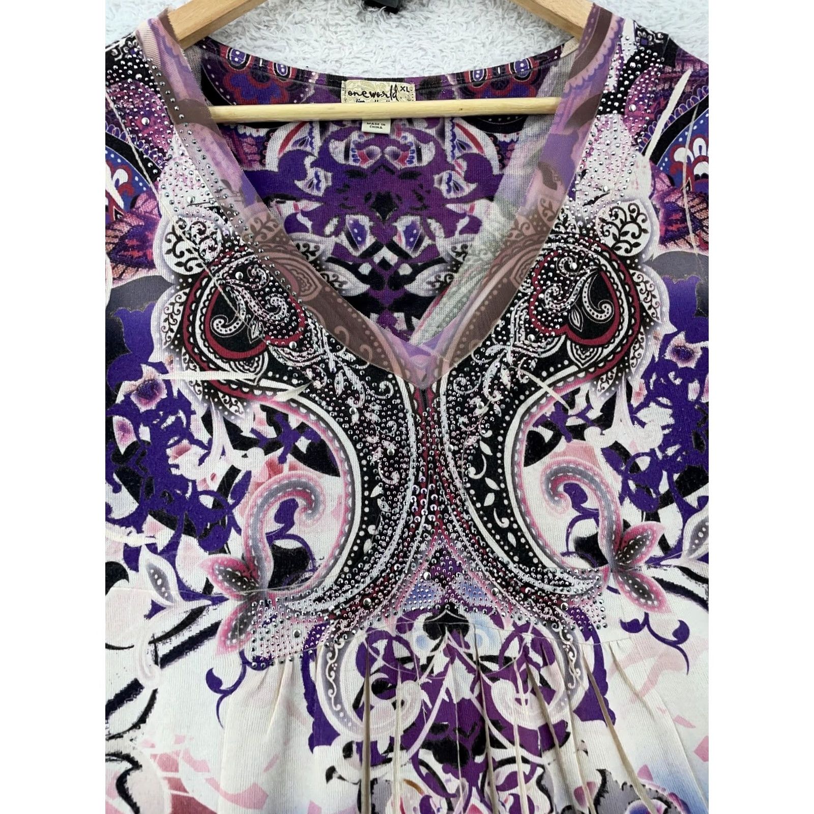 Vintage One World Tunic Top Womens XL Purple Paisley Boho Peasant V Neck Pleated Rhinestone Embellished Casual Long Sleeve Size XL / US 12-14 / IT 48-50 - 2 Thumbnail