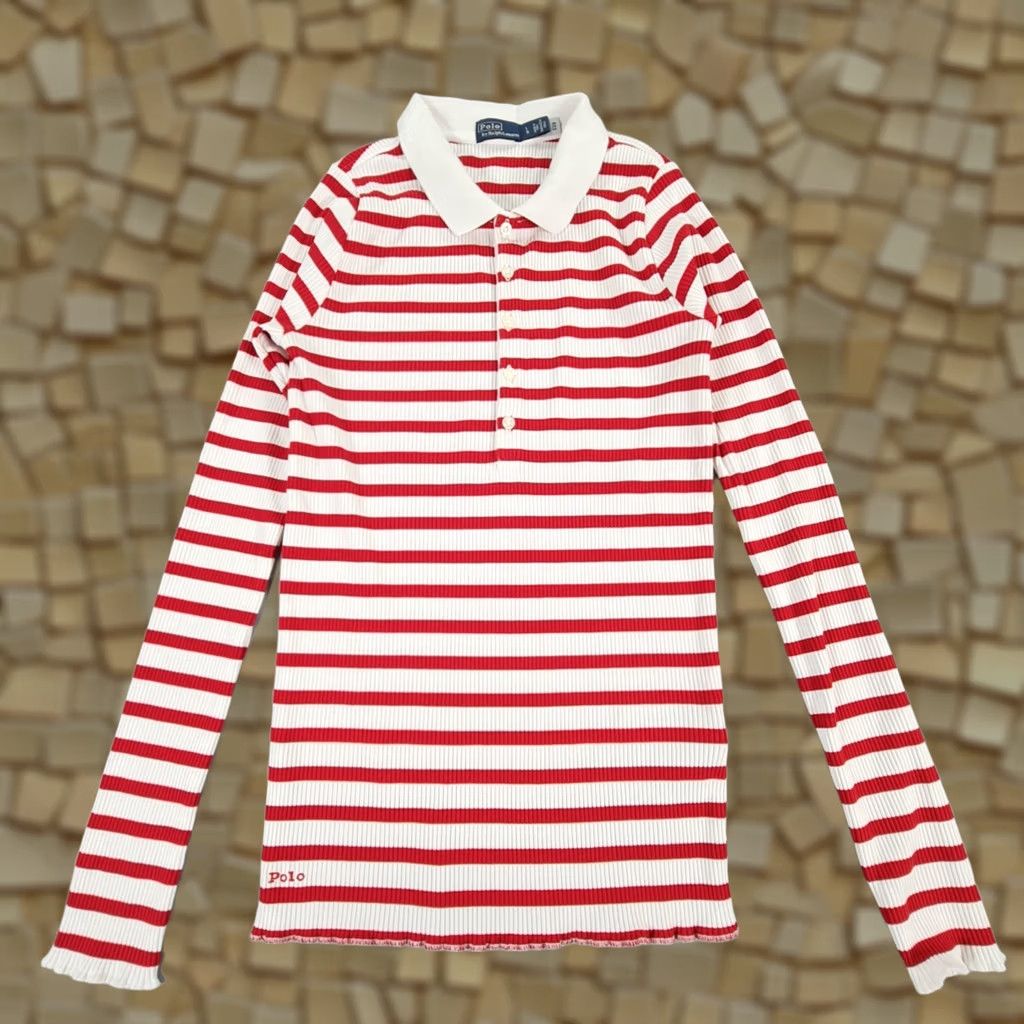 Polo Ralph Lauren Polo Ralph Lauren Polo Shirt Red White Stripe Long Sleeve Collared Knit Slim Large Women's Size L / US 10 / IT 46 - 1 Thumbnail