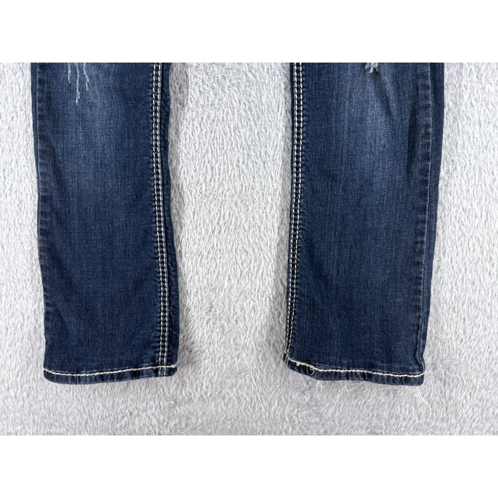 Denime Liuces Jeans Womens 7 Blue Denim Bootcut Distressed Dark Low Rise 25x26 Hemmed 26 Inseam Regular 5-Pocket Logo Embroidered Button Cotton Blend Stretch Size 28" / US 6 / IT 42 - 2 Thumbnail