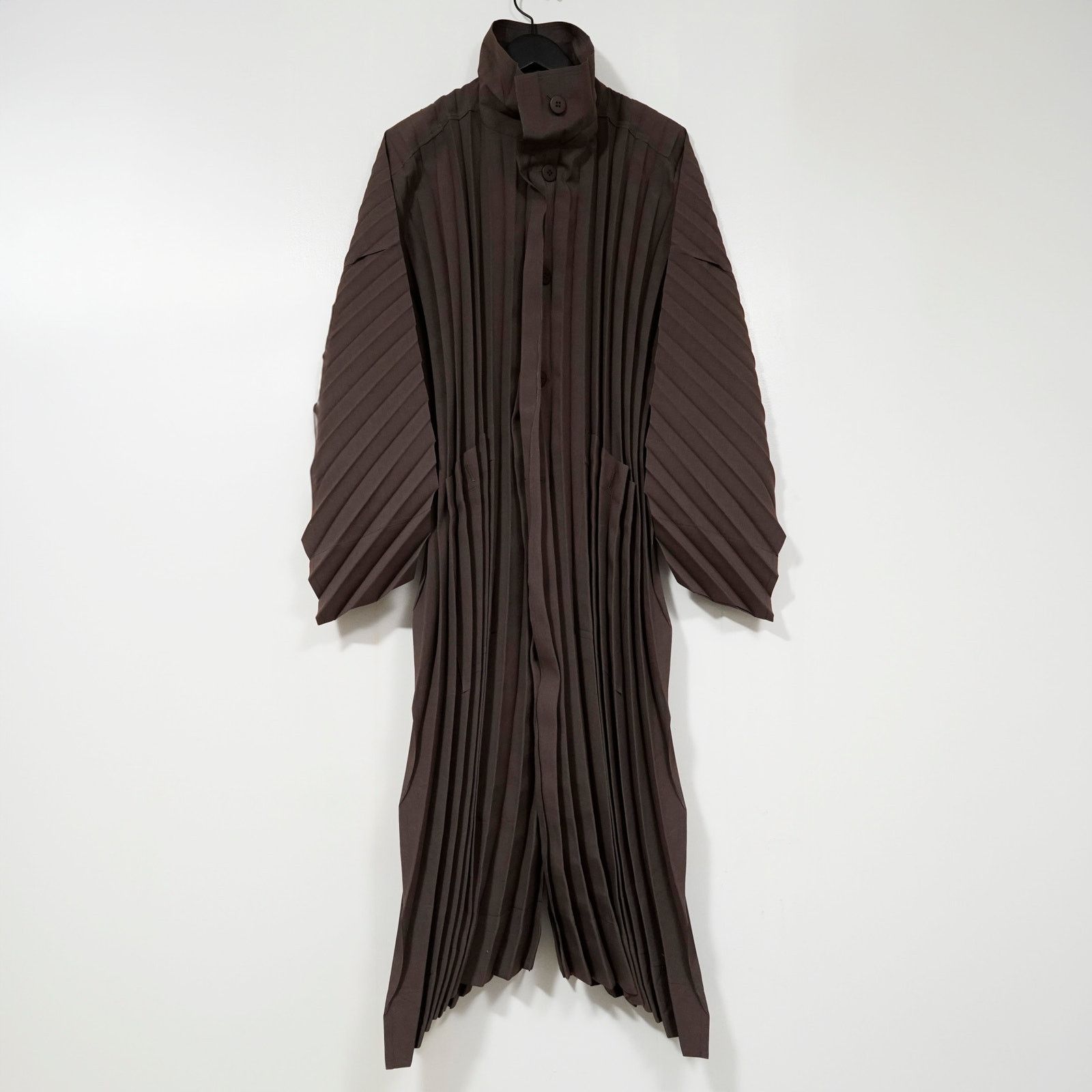 Homme Plissé Issey Miyake Brown Pleated Coat Sz 3 Funnel
