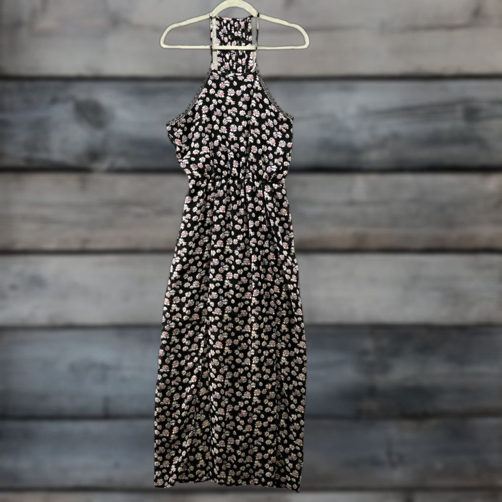 Vintage Heart Soul Maxi Dress M Black Floral Halter Chiffon Sleeveless Front Slits Beach Bohemian Women Women’s M Size M / US 6-8 / IT 42-44 - 1 Thumbnail