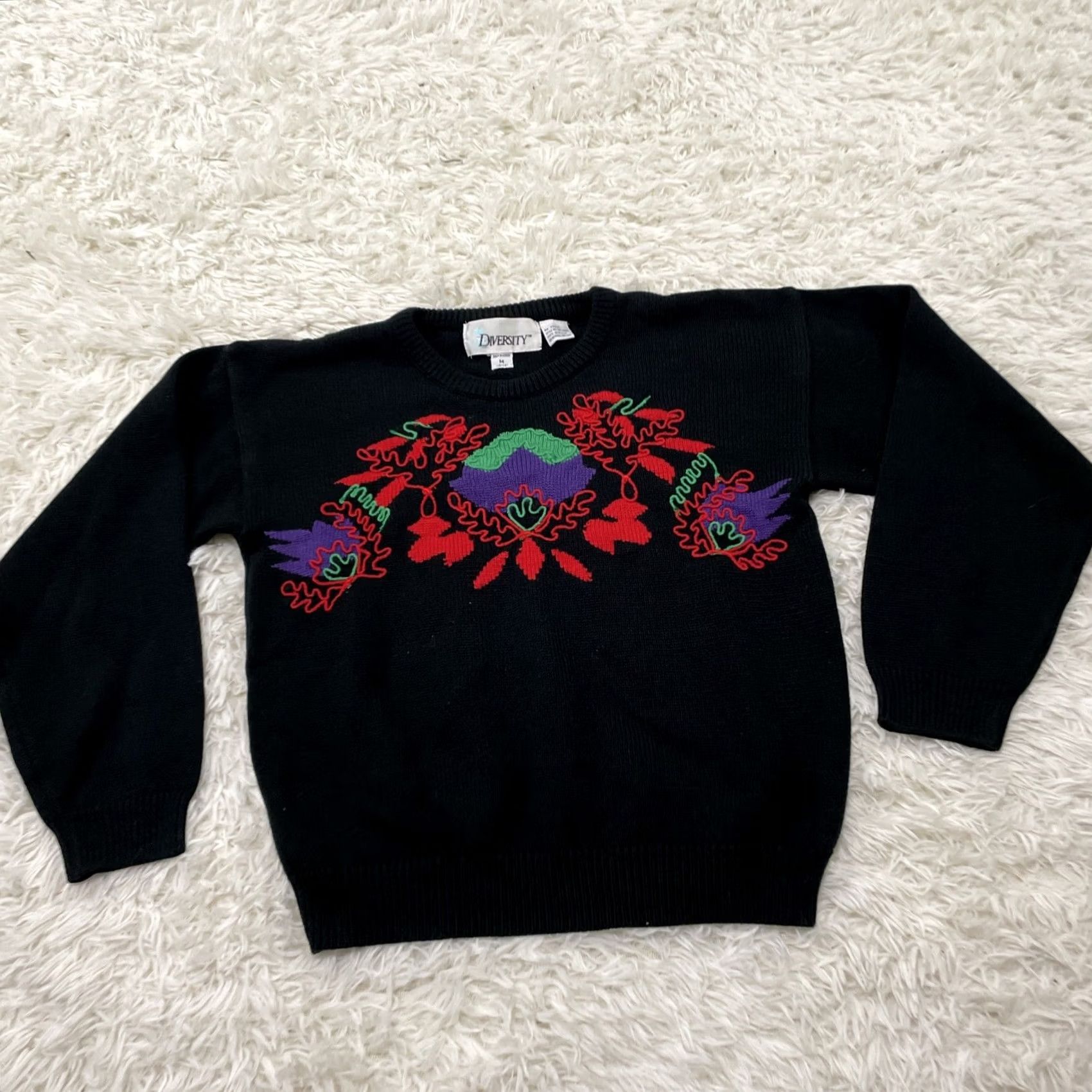 Vintage DIVERSITY Floral Vintage Sweater Women M Black Red Purple Knit Raglan M Size M / US 6-8 / IT 42-44 - 3 Thumbnail