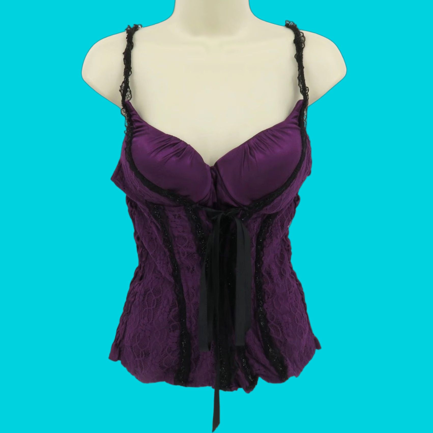 Vintage VINTAGE Charlotte Russe Tank Top Shirt Womens L Purple Black Ruched Satin Lace Spaghetti Strap Sleeveless Camisole 2000s Size L / US 10 / IT 46 - 1 Thumbnail