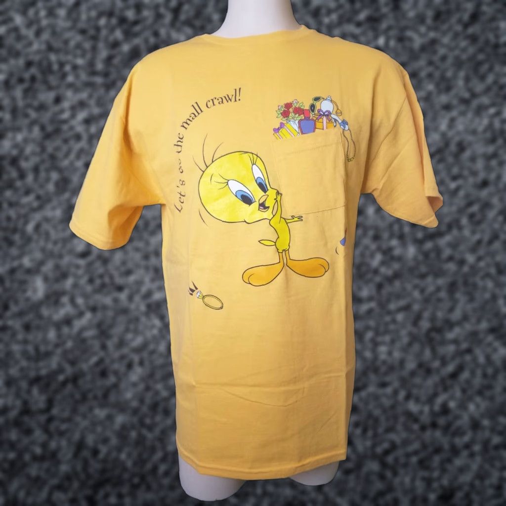 Vintage VINTAGE Tweety Bird Pocket T Shirt Looney Tunes Let's Do The Mall Crawl XL Mens Yellow 90s Graphic Print Size US XL / EU 56 / 4 - 1 Thumbnail