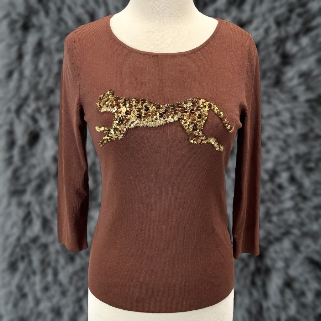 Lee VINTAGE Robbie Lee Knitworks Beaded Sweater Cheetah Beaded Sequin Stretch 90s Women Medium Rust Size M / US 6-8 / IT 42-44 - 1 Thumbnail