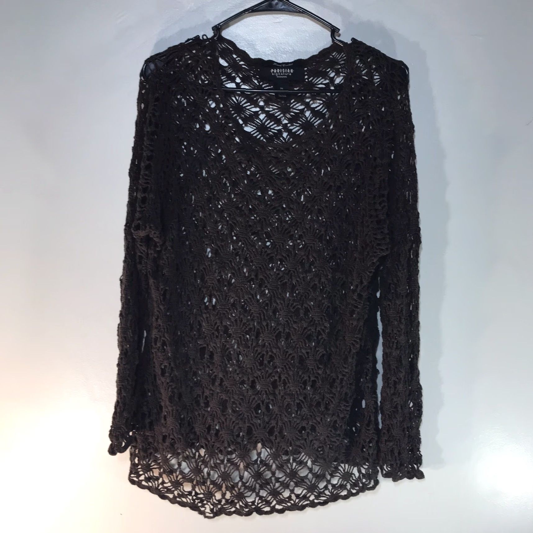 Vintage Parisian Signature Woman Sweater Pullover Knit Crochet Long Sleeve Brown 2X Women's Fall Winter Spring Casual Size XXL / US 16-18 / IT 52-54 - 2 Thumbnail