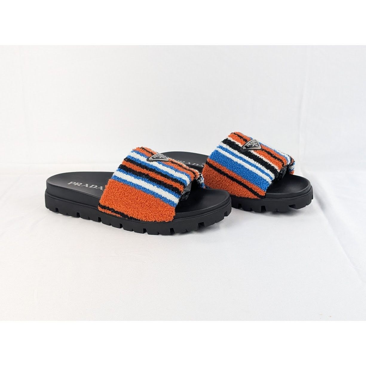 Prada o1rshd1 Striped Logo Slides in Arancio Size US 9 / EU 42 - 1 Thumbnail