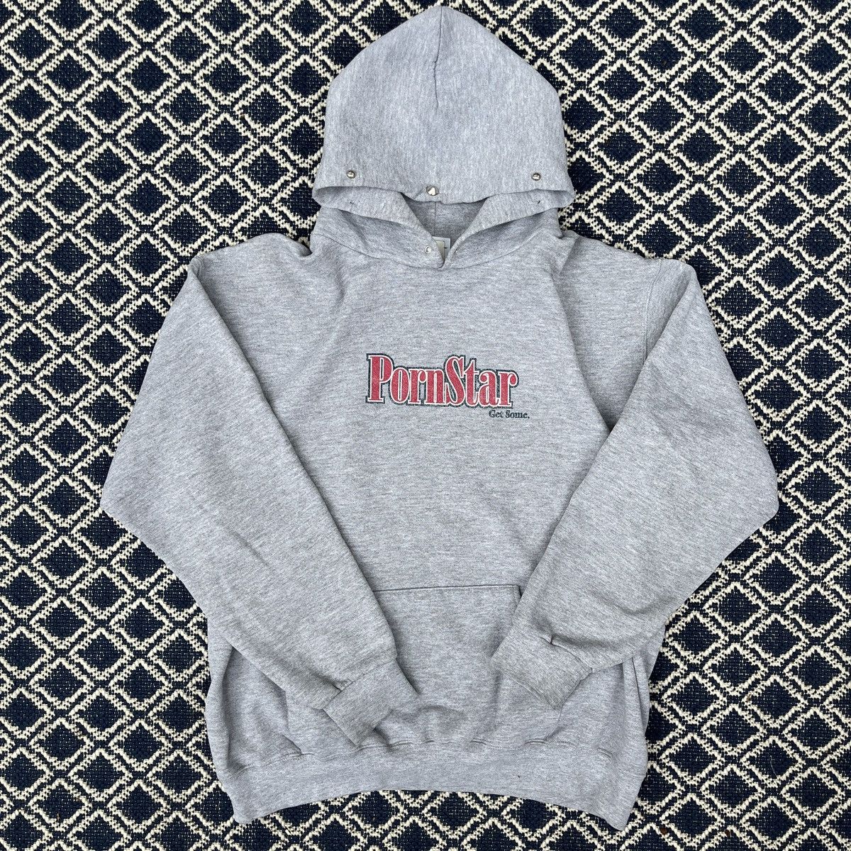 image of Vintage 90's Pornstar Hoodie Studded Hood in Grey, Men's (Size Large)