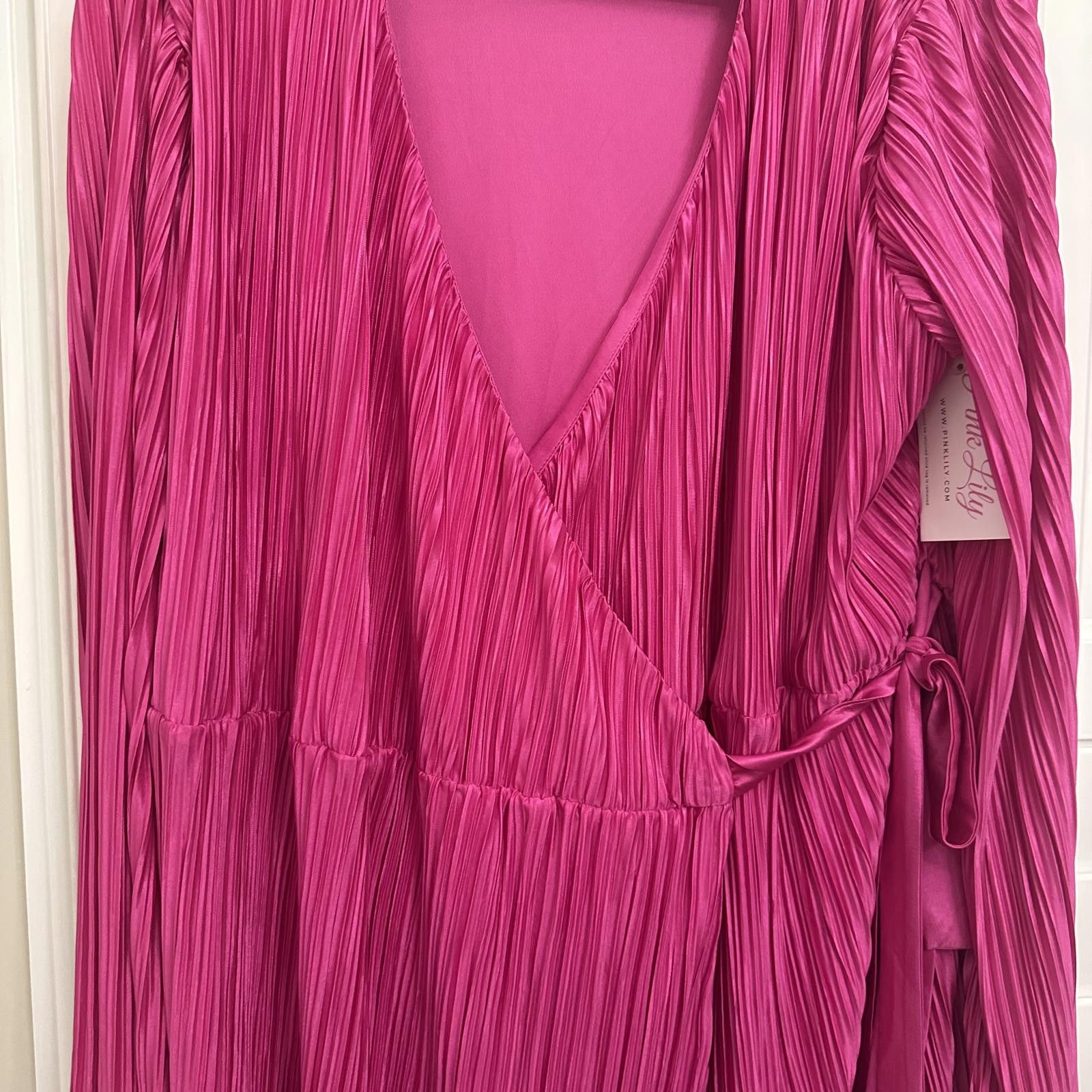 Designer Stunning Pink Pleated Wrap Dress by Pink Lily - Size 2XL Size XXL / US 16-18 / IT 52-54 - 2 Thumbnail