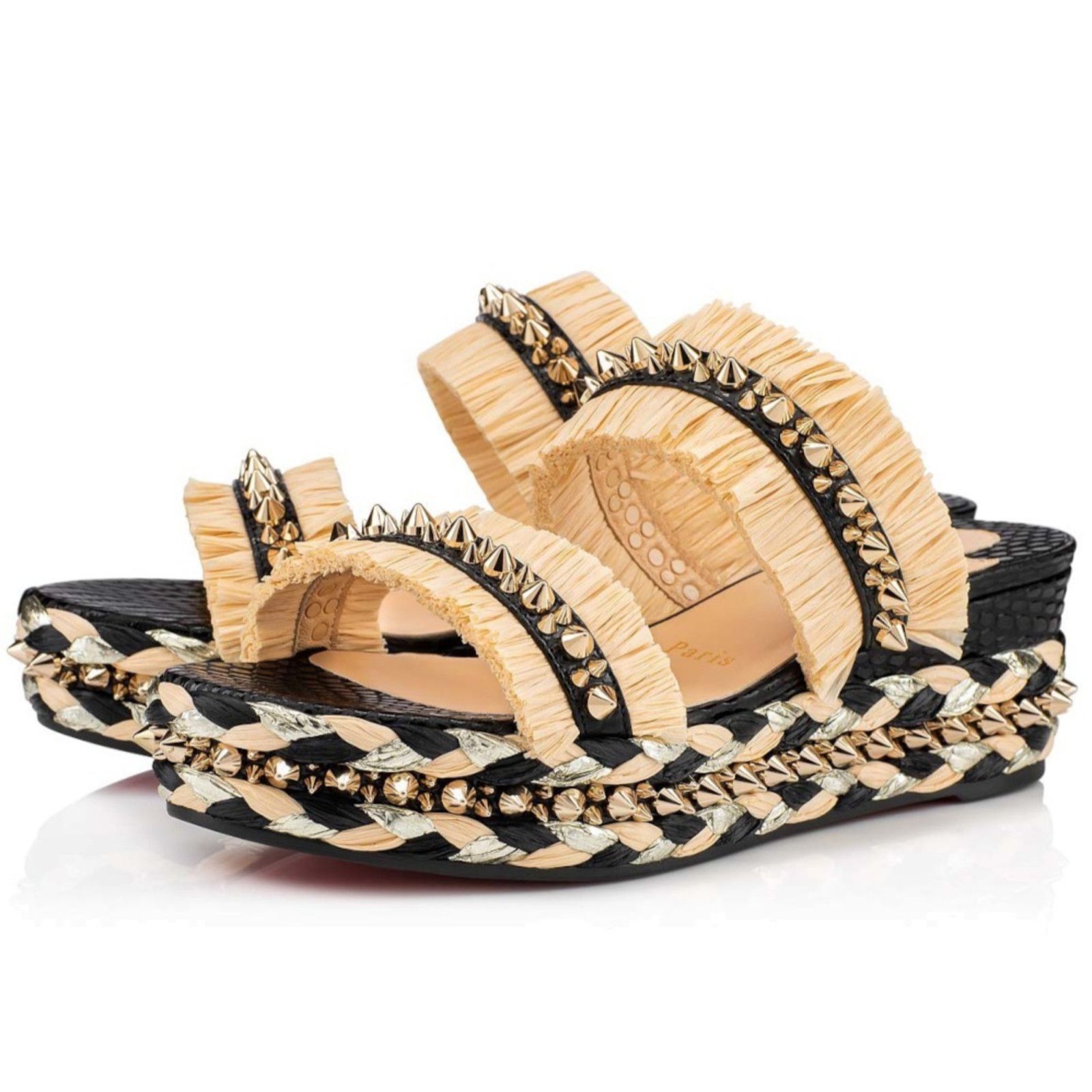 Christian Louboutin Voltinoudou 60 Black Raffia Wedge Slide Mule Sandal Heel 37 Size US 7 / IT 37 - 1 Thumbnail