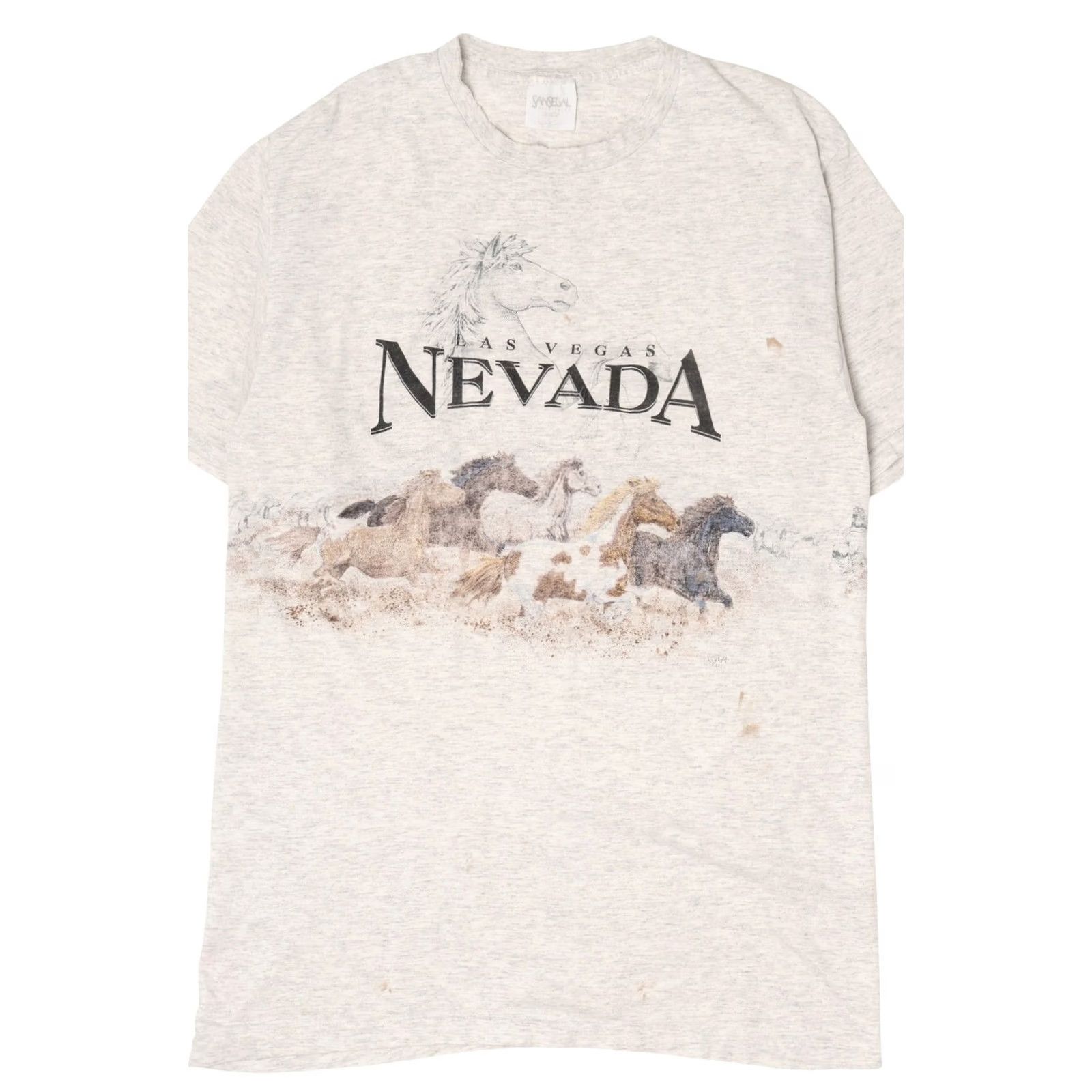 Vintage VINTAGE Las Vegas Horses Running Wrap Around T-Shirt (1990s) Unisex Adults Large Grey Short Sleeve Cotton SanSegal Sportswear Mens Womens Boys Girls Size US L / EU 52-54 / 3 - 7 Thumbnail
