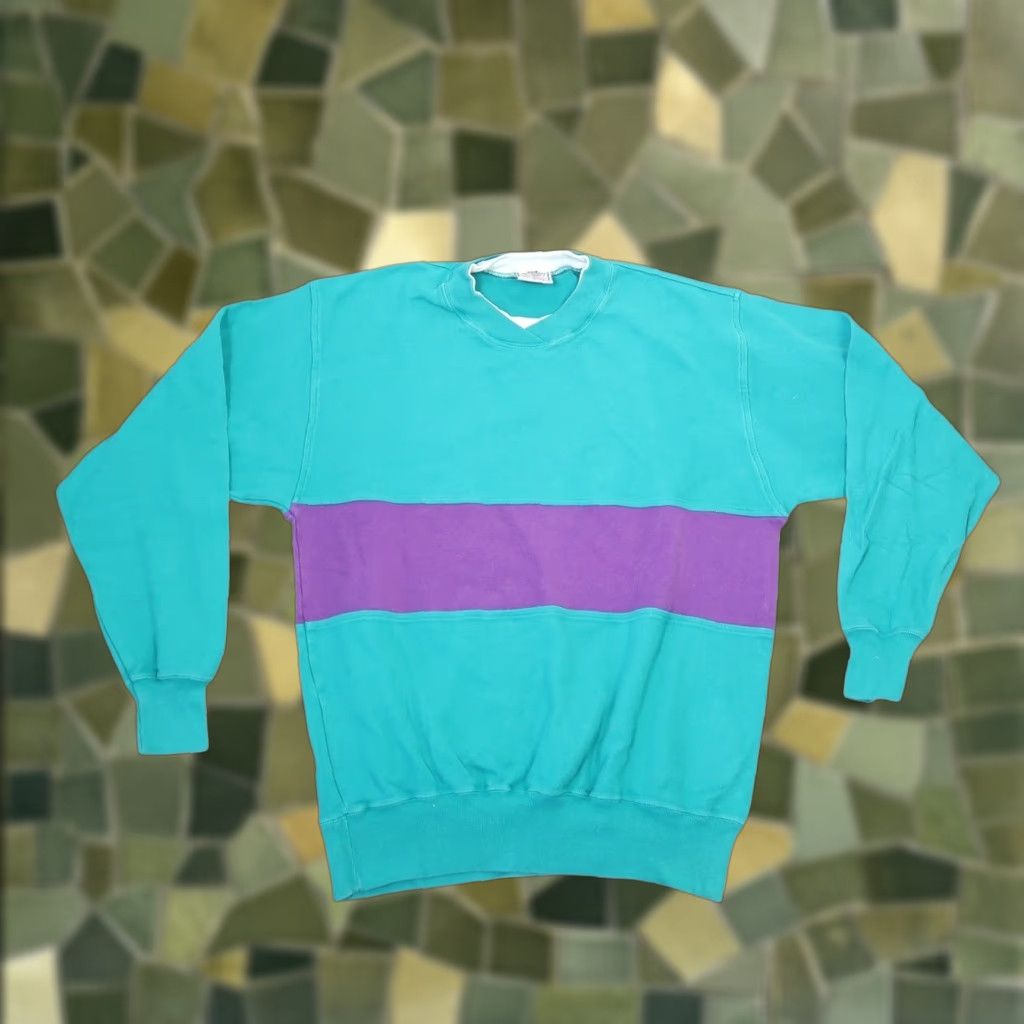Altea VINTAGE Norsport Sweatshirt Crewneck Striped Teal Green Purple Mens M 90s 80s Cotton Pullover Sweatshirt Size US M / EU 48-50 / 2 - 1 Thumbnail