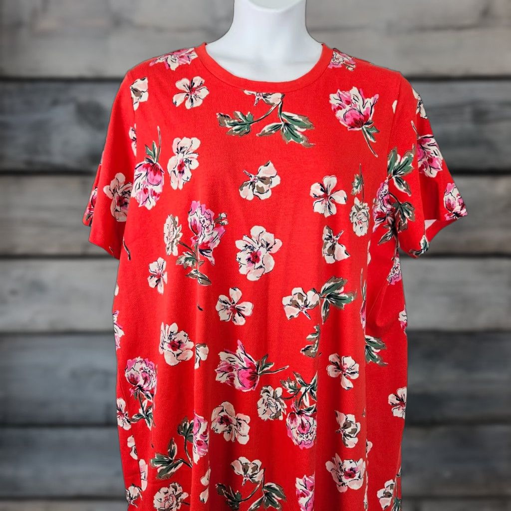 Vintage VINTAGE? No — Joules Dress Womens Plus Size 20 Red Pink Floral Short Sleeve Cotton Shift Dress Mens? Size 42" / US 20 - 1 Thumbnail