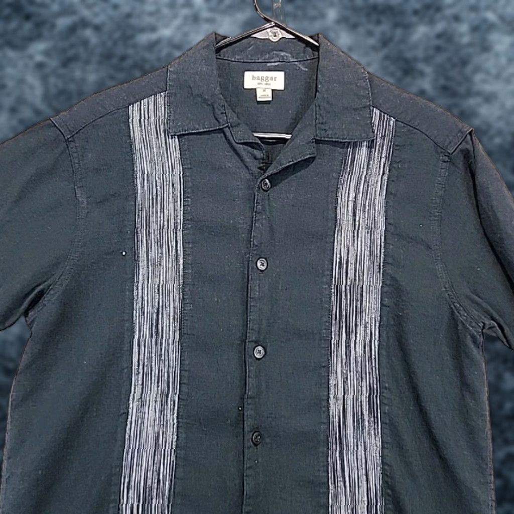Haggar Haggar Mens Shirt M Black Stripe Linen Blend Short Sleeve Button-Up Beach Size US M / EU 48-50 / 2 - 1 Thumbnail