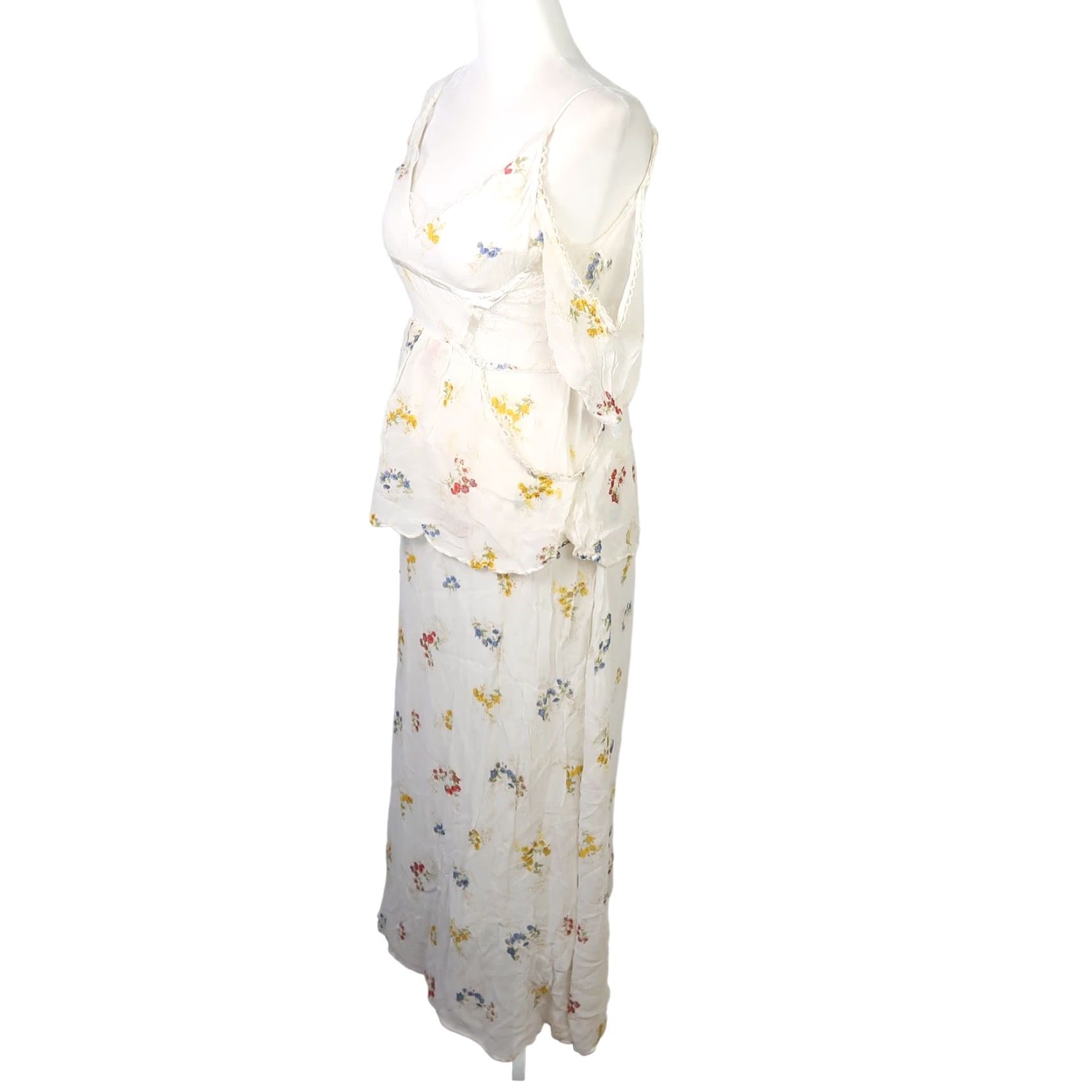 Free People Free People Magnolia White Floral Print Off Shoulder Midi Dress Women 0 V-Neck Rayon Summer Party/Cocktail Shirred Lace Trim Midi Dress Womens Size XS / US 0-2 / IT 36-38 - 5 Thumbnail