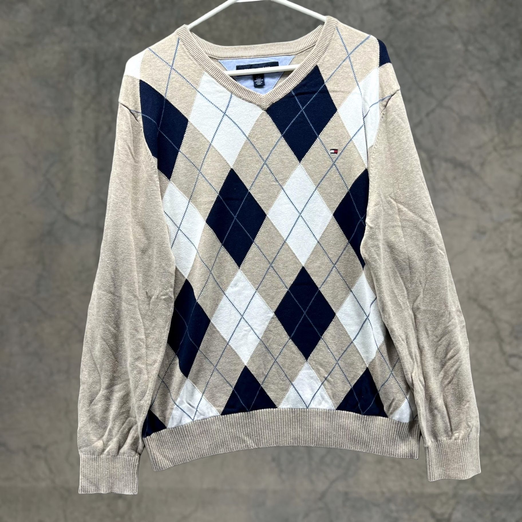 Tommy Hilfiger Tommy Hilfiger Sweater Mens Large Beige Cotton V Neck Argyle Pullover Knit Logo Size US L / EU 52-54 / 3 - 1 Thumbnail