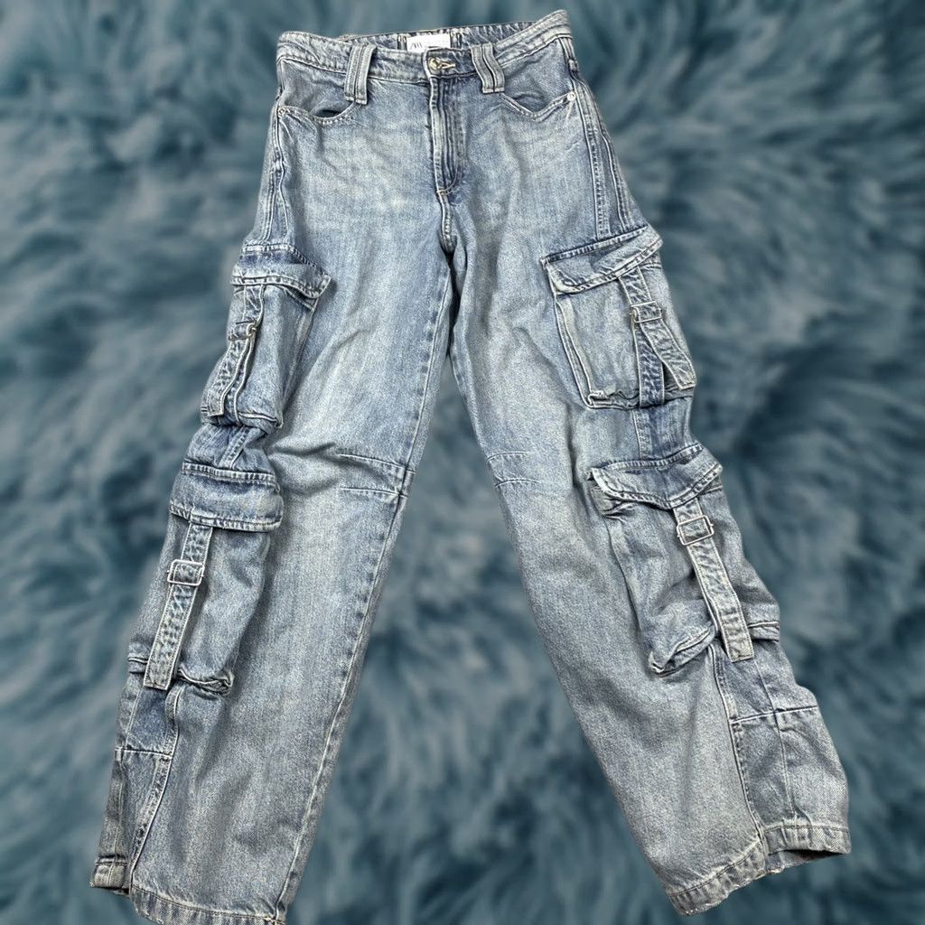 Zara Zara Wide Leg Baggy Cargo Jeans Womens 4 Blue Denim Barrel Buckle Grunge Y2K Size 27" / US 4 / IT 40 - 1 Thumbnail