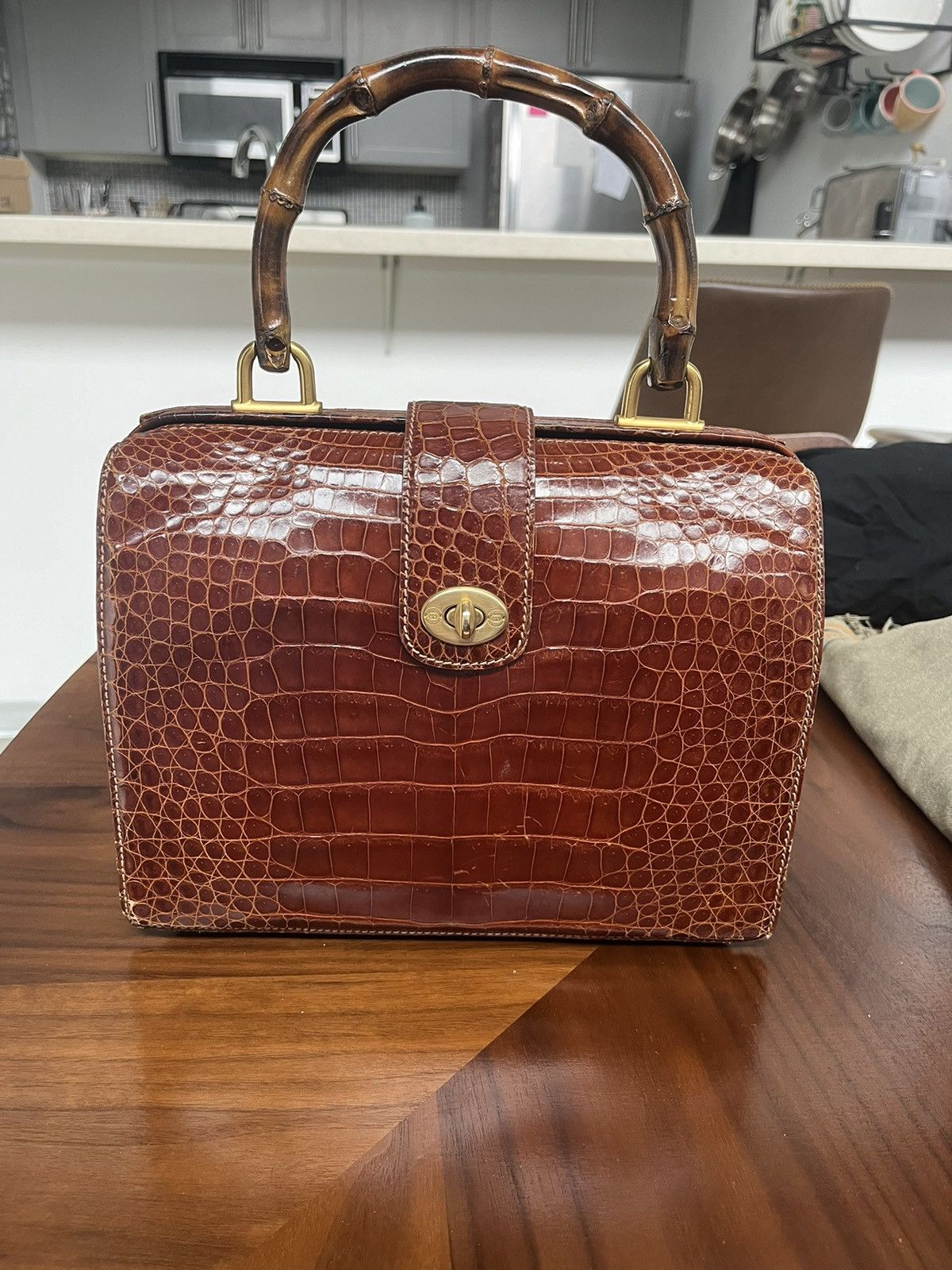image of Gucci Genuine Crocodile Bamboo Handle Bag in Brown, Women's