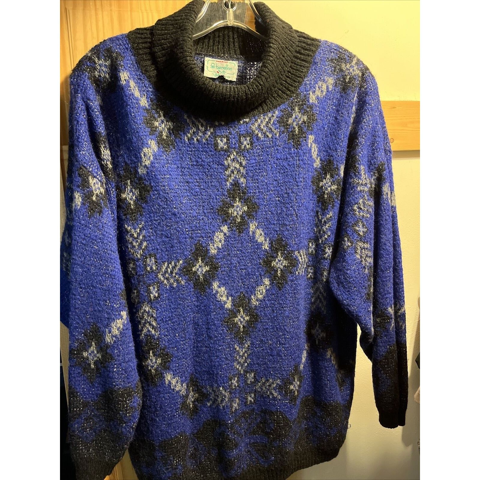 United Colors Of Benetton Benetton VTG L 46 Blue Argyle Acrylic Mohair Nylon Sweater Size L / US 10 / IT 46 - 2 Thumbnail