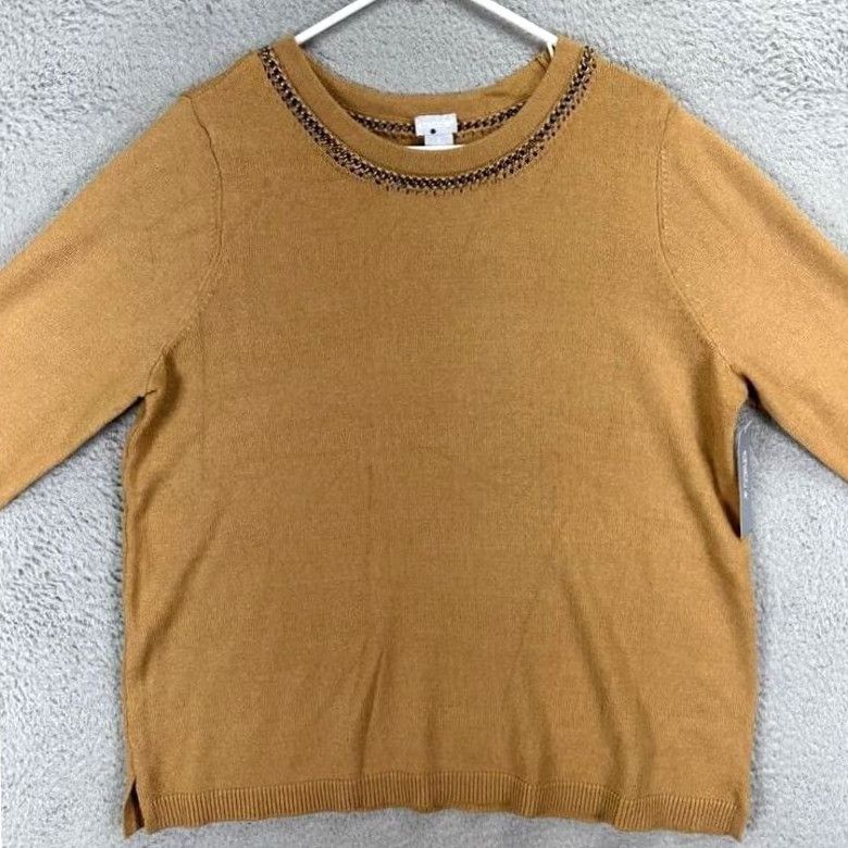 Vintage Chicos Sweater Womens 2 US Large Tan Camel Heather Chain Crew Neck Pullover NEW Size L / US 10 / IT 46 - 3 Thumbnail