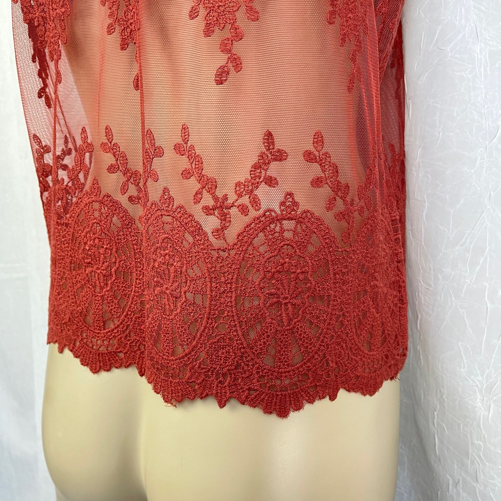 Forever 21 Rust Sheer Mesh Lace T Shirt Scalloped Hem Forever 21 Small Size S / US 4 / IT 40 - 9 Thumbnail
