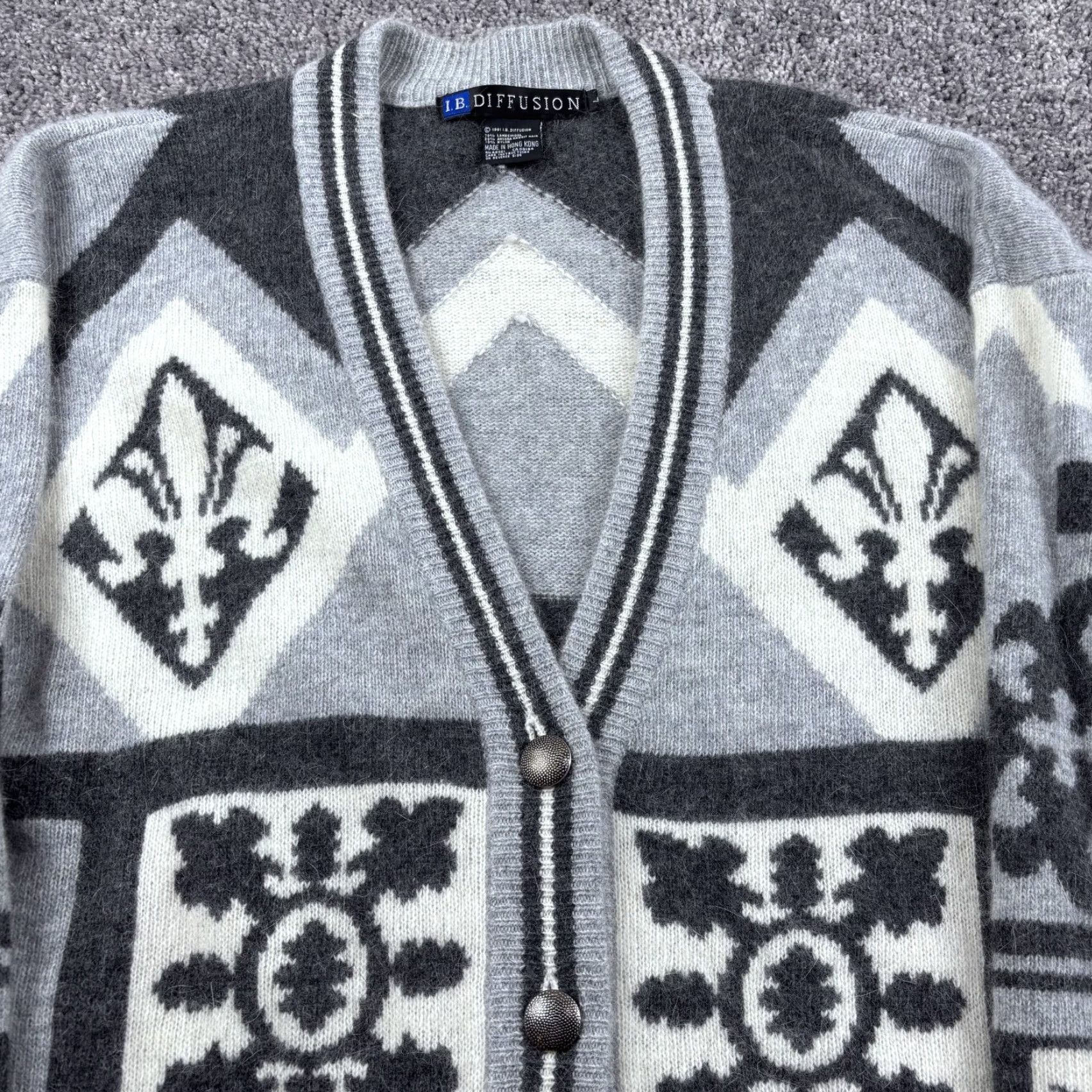 Vintage VINTAGE IB Diffusion Cardigan Sweater Womens L Gray Geometric 1991 Rabbit Hair Size L / US 10 / IT 46 - 2 Thumbnail