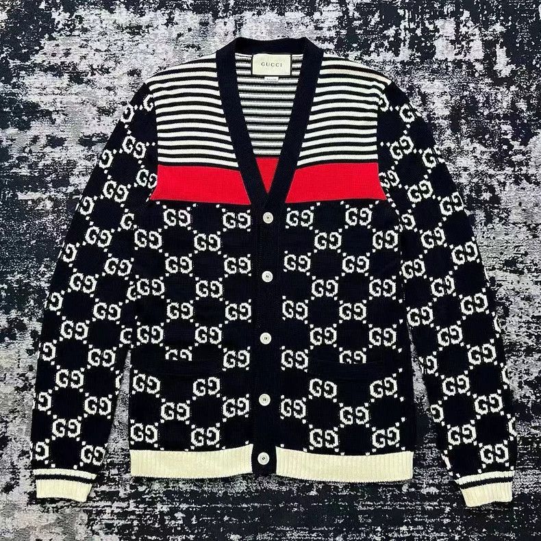 gucci double g print red blue striped cardigan