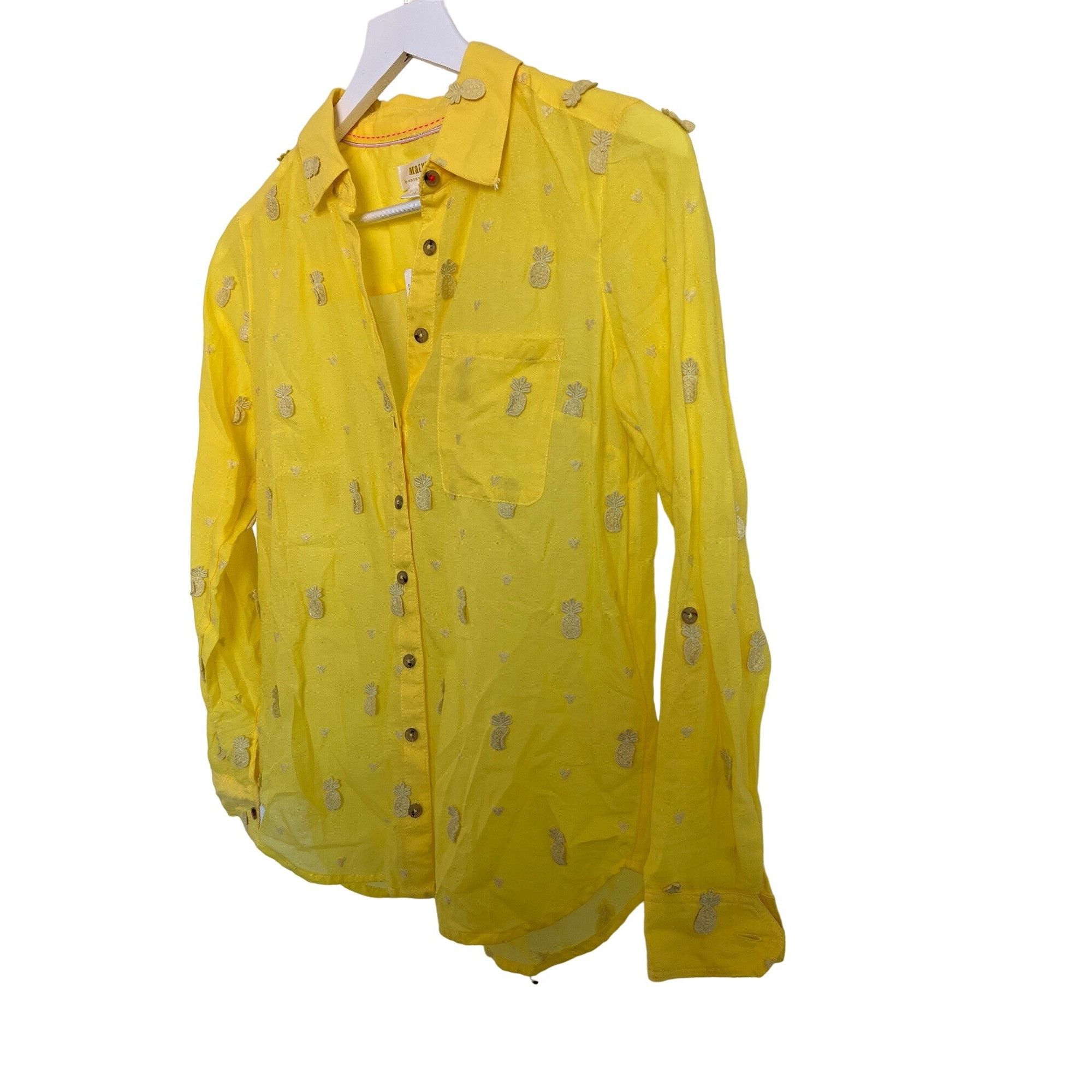 Anthropologie Maeve Yellow Whimsical Pineapple Embroidery Button-Down Shir Size XS / US 0-2 / IT 36-38 - 5 Thumbnail