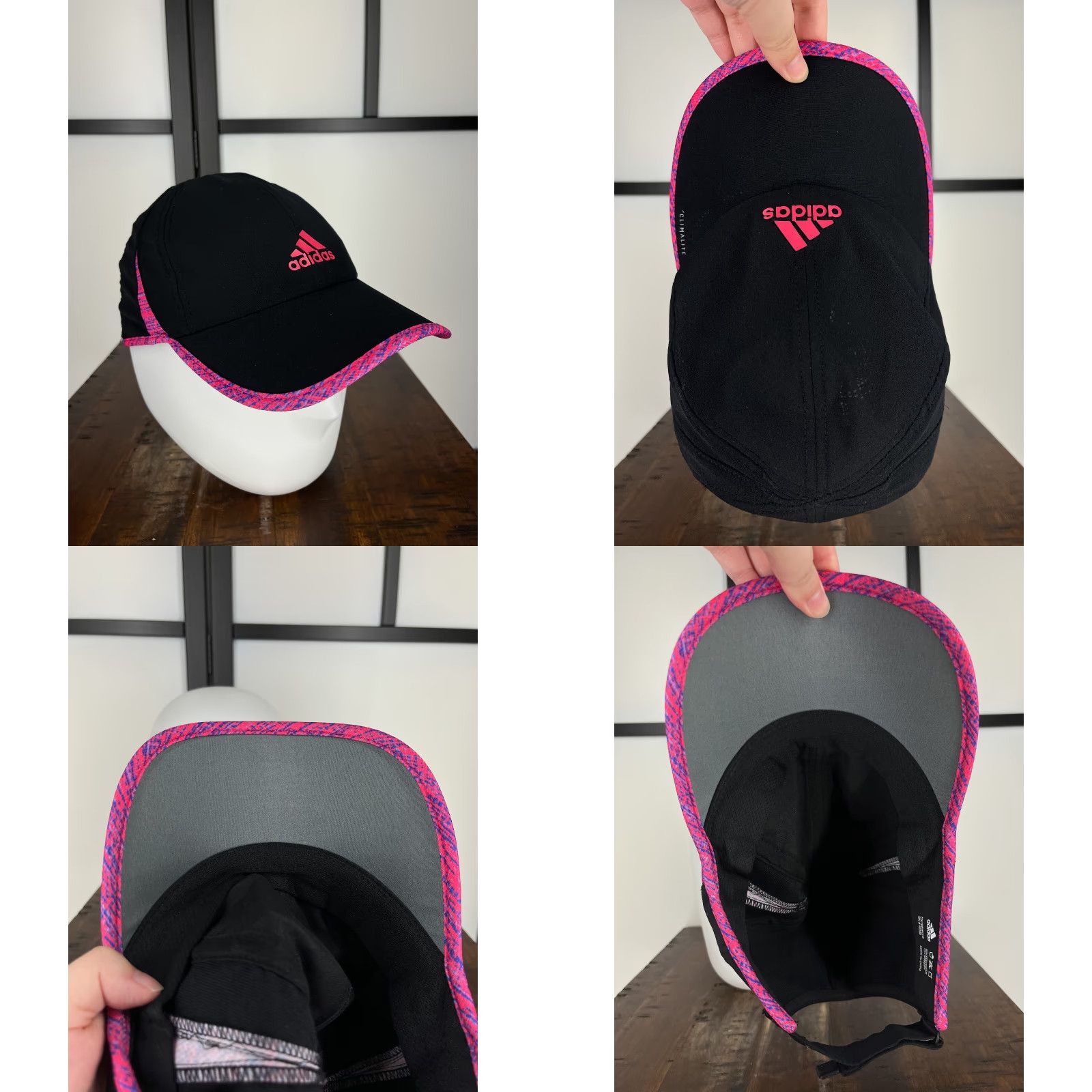 Adidas Hat Cap Strap Back One Size Black Pink Poly Blend Climalite Golf Hat