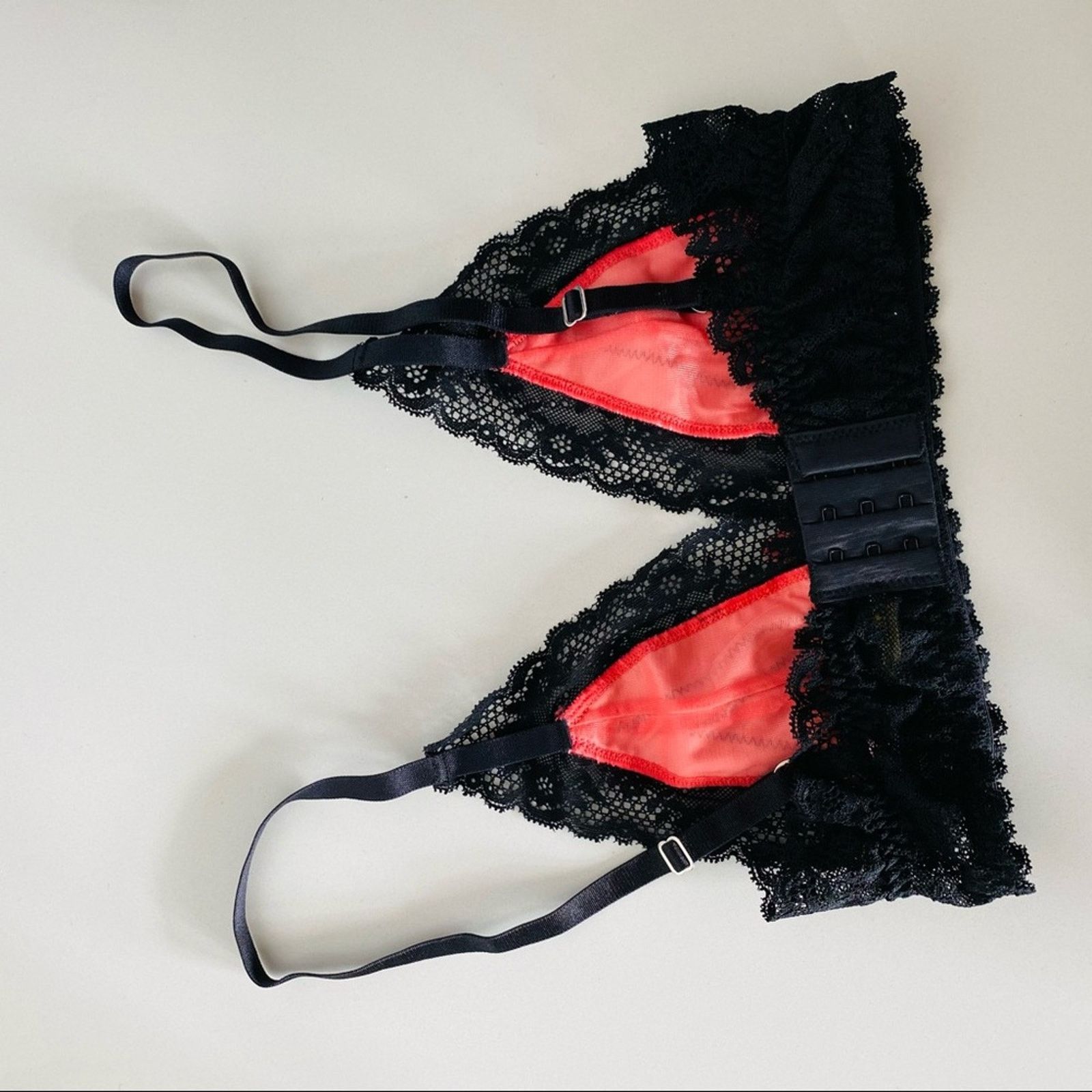 Dolls Kill NEW LOVE HAUS Black Lace Neon Pink Satin Triangle Bra Top Size ONE SIZE - 3 Thumbnail
