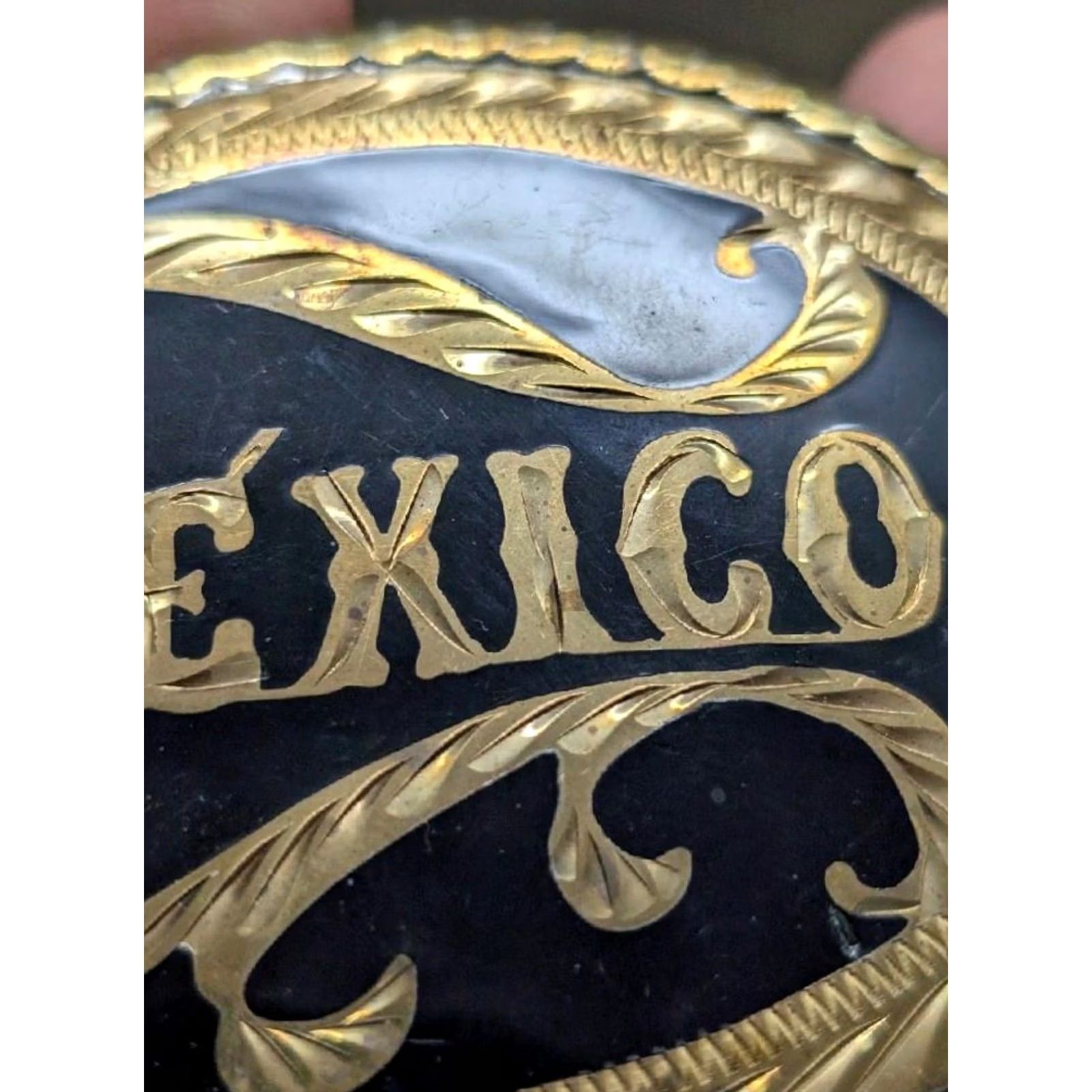 Vintage VINTAGE MEXICO belt buckle WESTERN handcrafted COWBOY german silver RODEO Men Belt Buckle Gold Black 3" x 4" XS? Size ONE SIZE - 3 Thumbnail