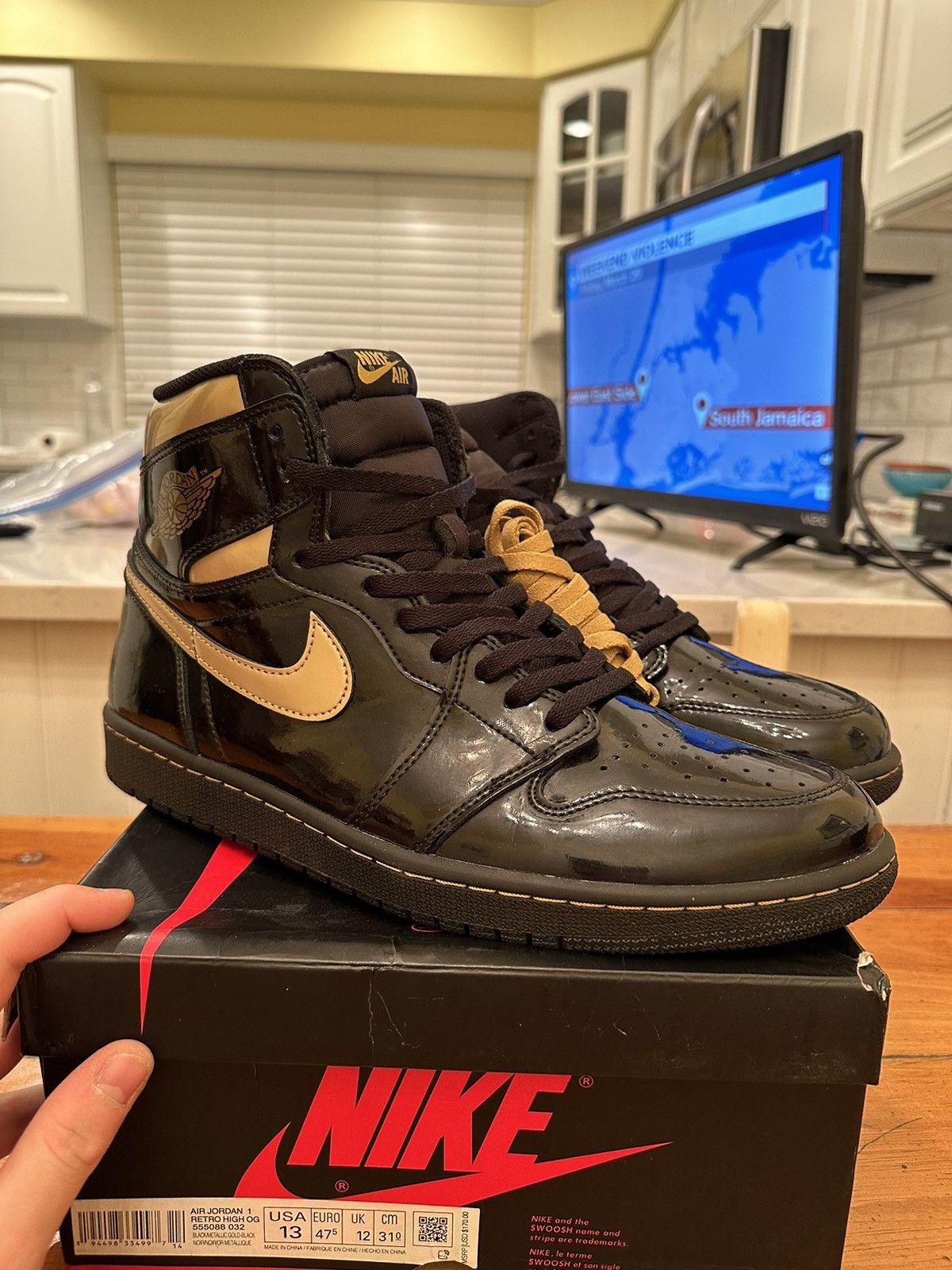 image of “Black Metallic Gold” Air Jordan 1 Retro High (2020) Shoes in Black/Gold, Men's (Size 13)
