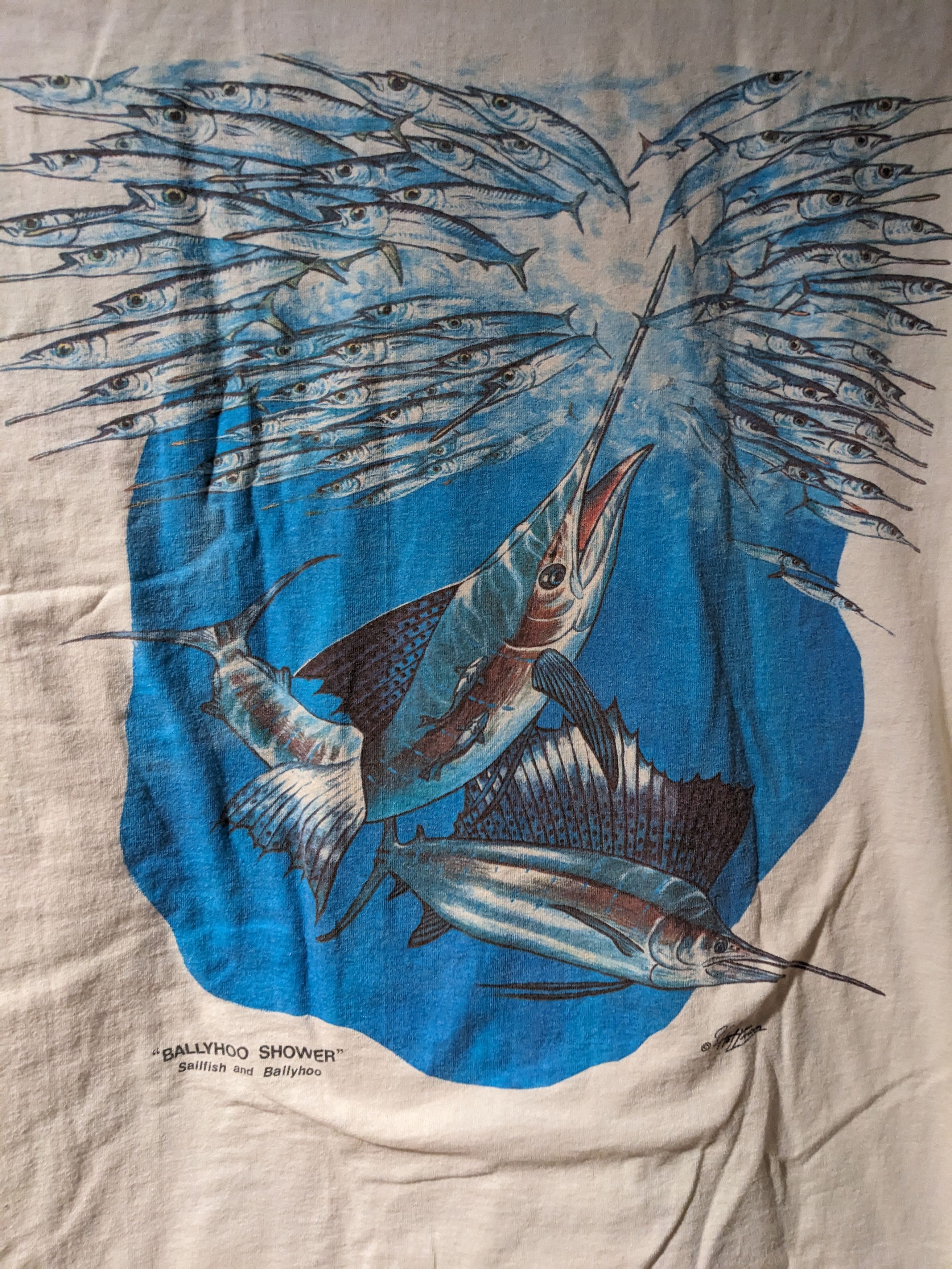 Vintage 90s Marlin Sword Fish Animal Nature Biege T-Shirt