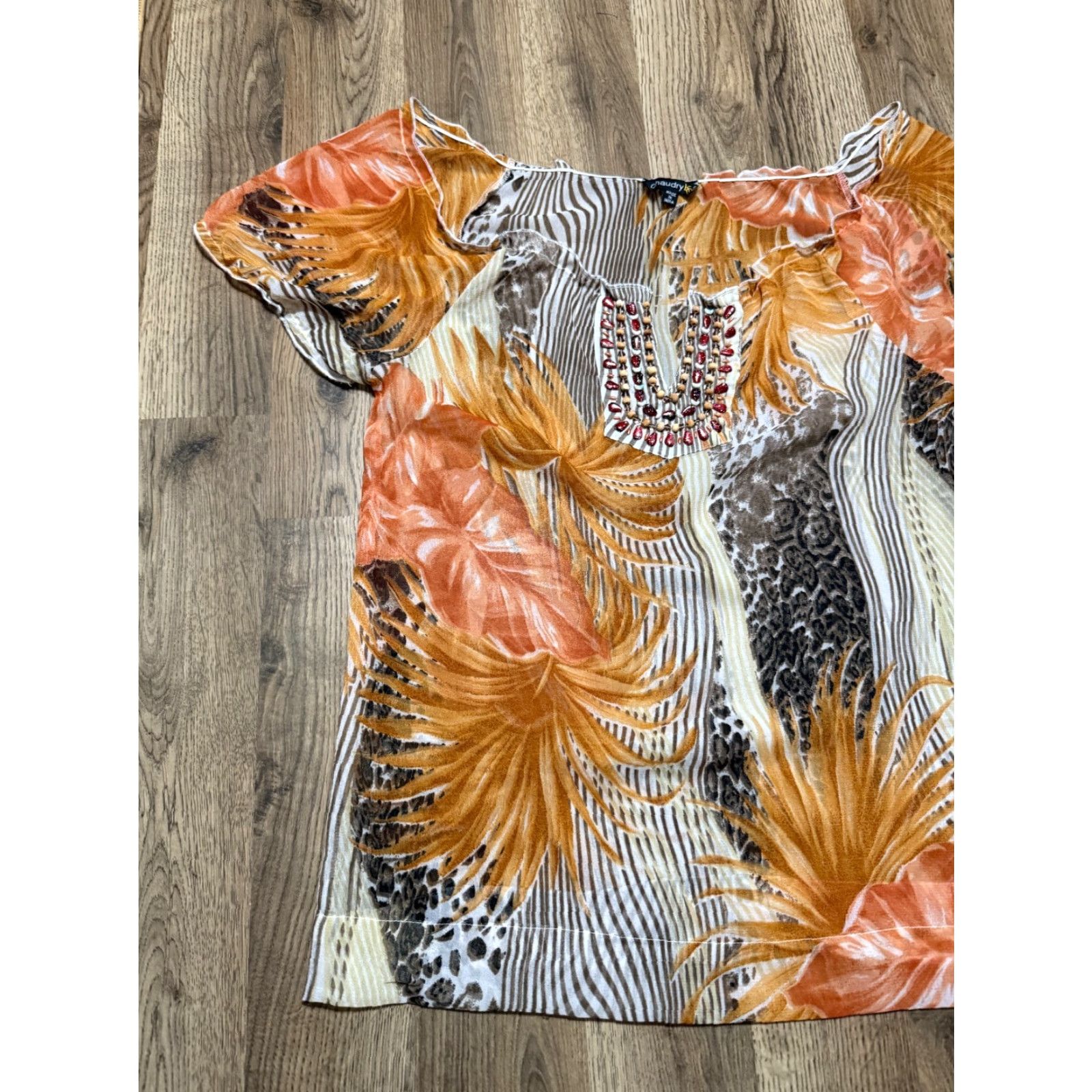 Vintage Chaudry KC Blouse Women L Orange Brown White V-neck Beads Cap Sleeve Casual Modern Cotton-Shirt Size L / US 10 / IT 46 - 3 Thumbnail