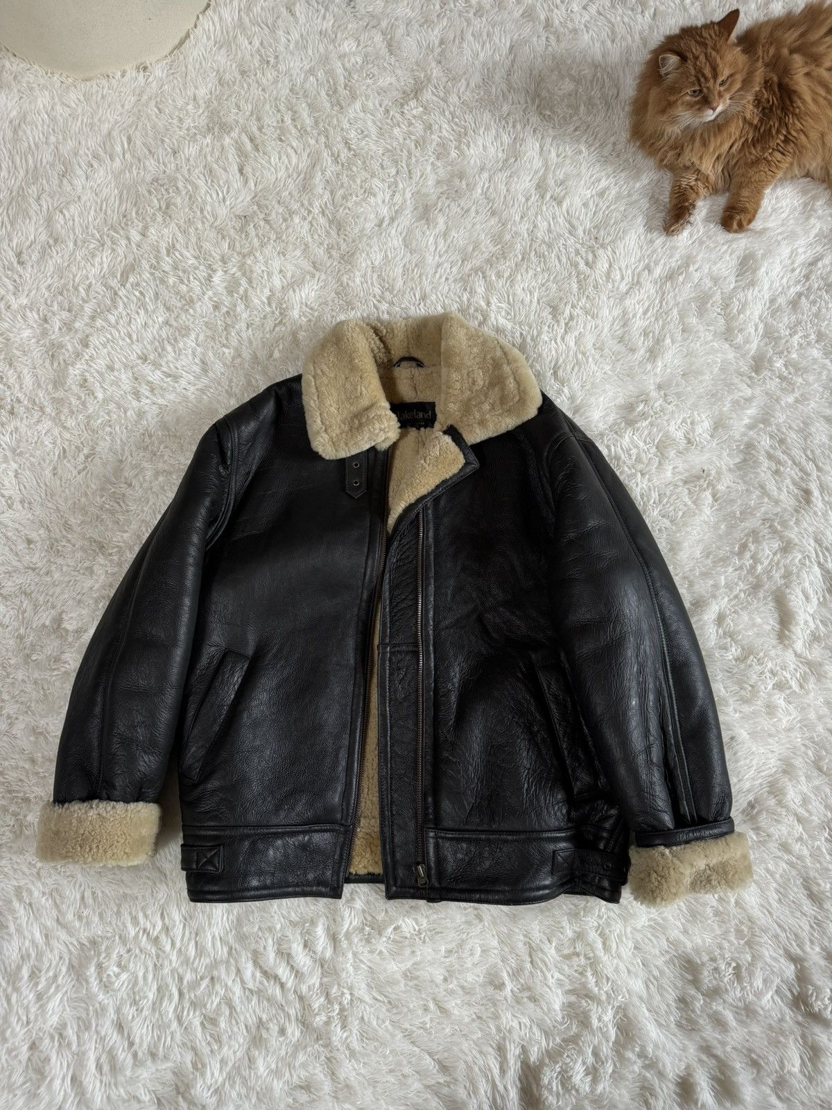 Japanese Brand Lakeland black leather shearling wool aviator jacket Size US L / EU 52-54 / 3 - 1 Thumbnail