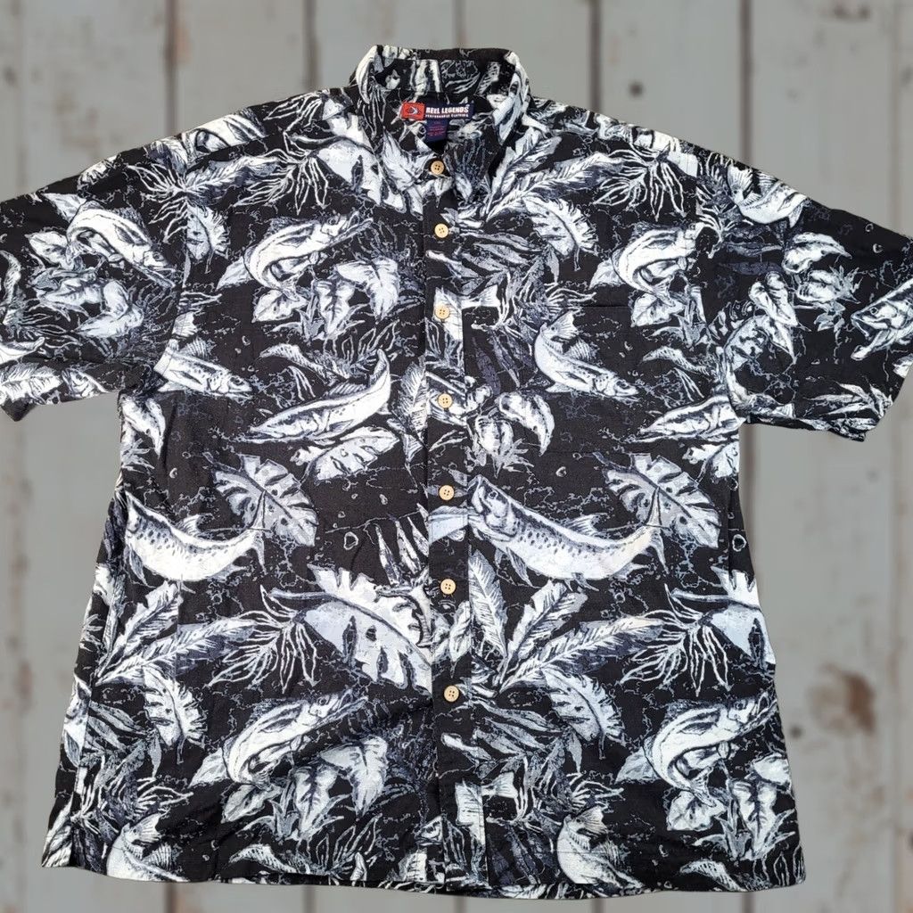 Vintage Reel Legends Mens XXL Shirt Black White Fish Tropical Print Button Up Size US XXL / EU 58 / 5 - 1 Thumbnail