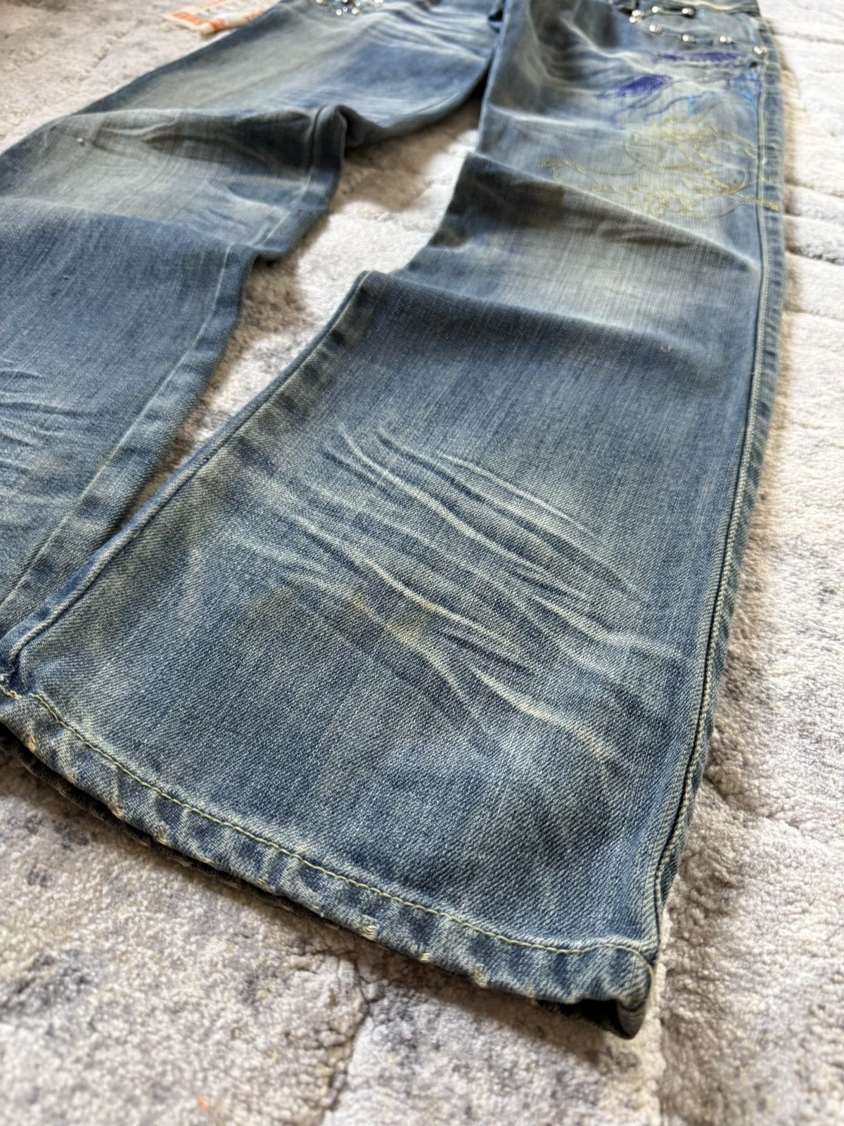 If Six Was Nine Studded Gemstone Claw Mark Muddy Wash Japanese Flared Jeans Size US 29 - 14 Thumbnail