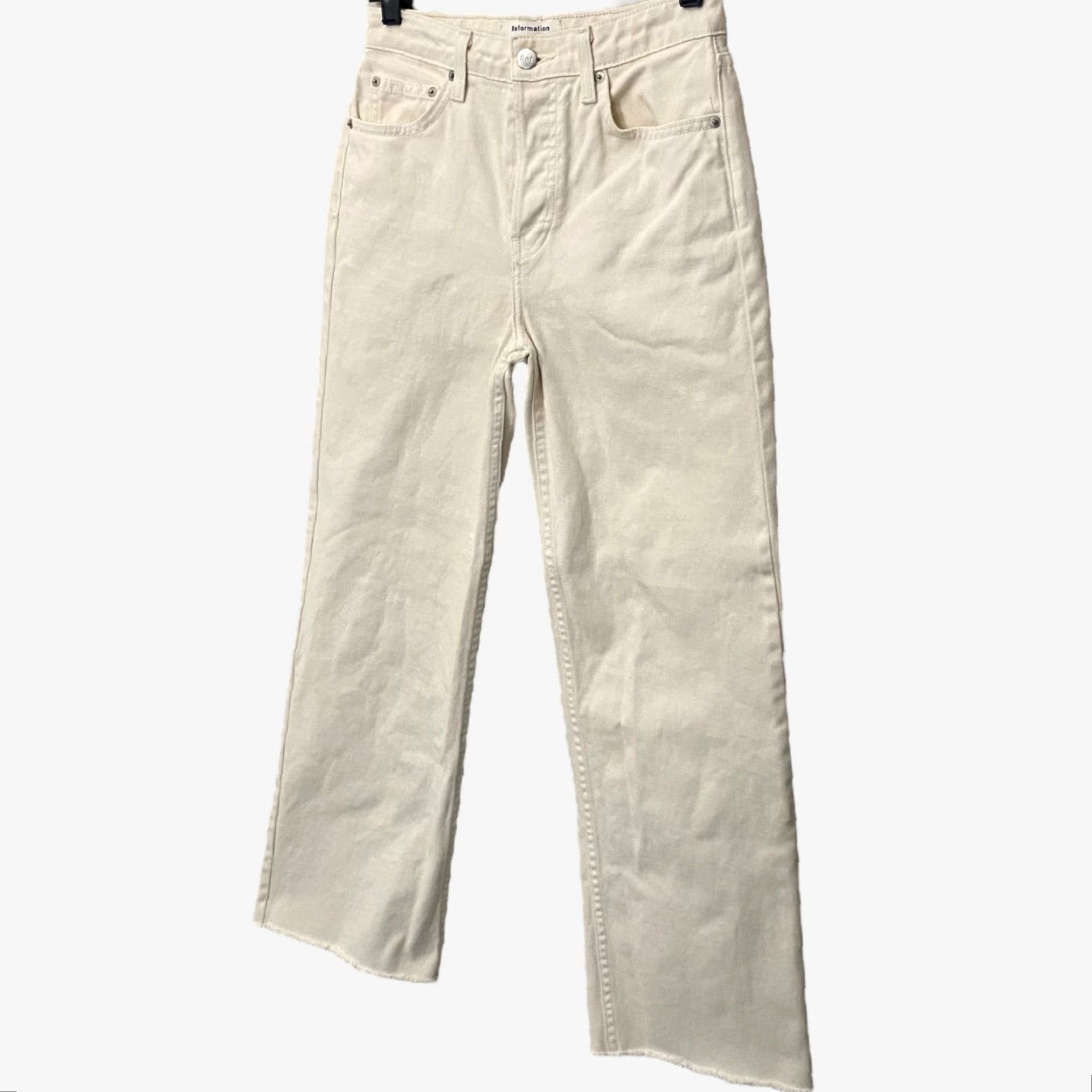 Reformation VINTAGE Reformation Fawcett Straight-Leg Denim Jeans Womens 25 High-Rise Raw-Hem Ivory Cotton Retro Size 42" / US 20 - 2 Thumbnail