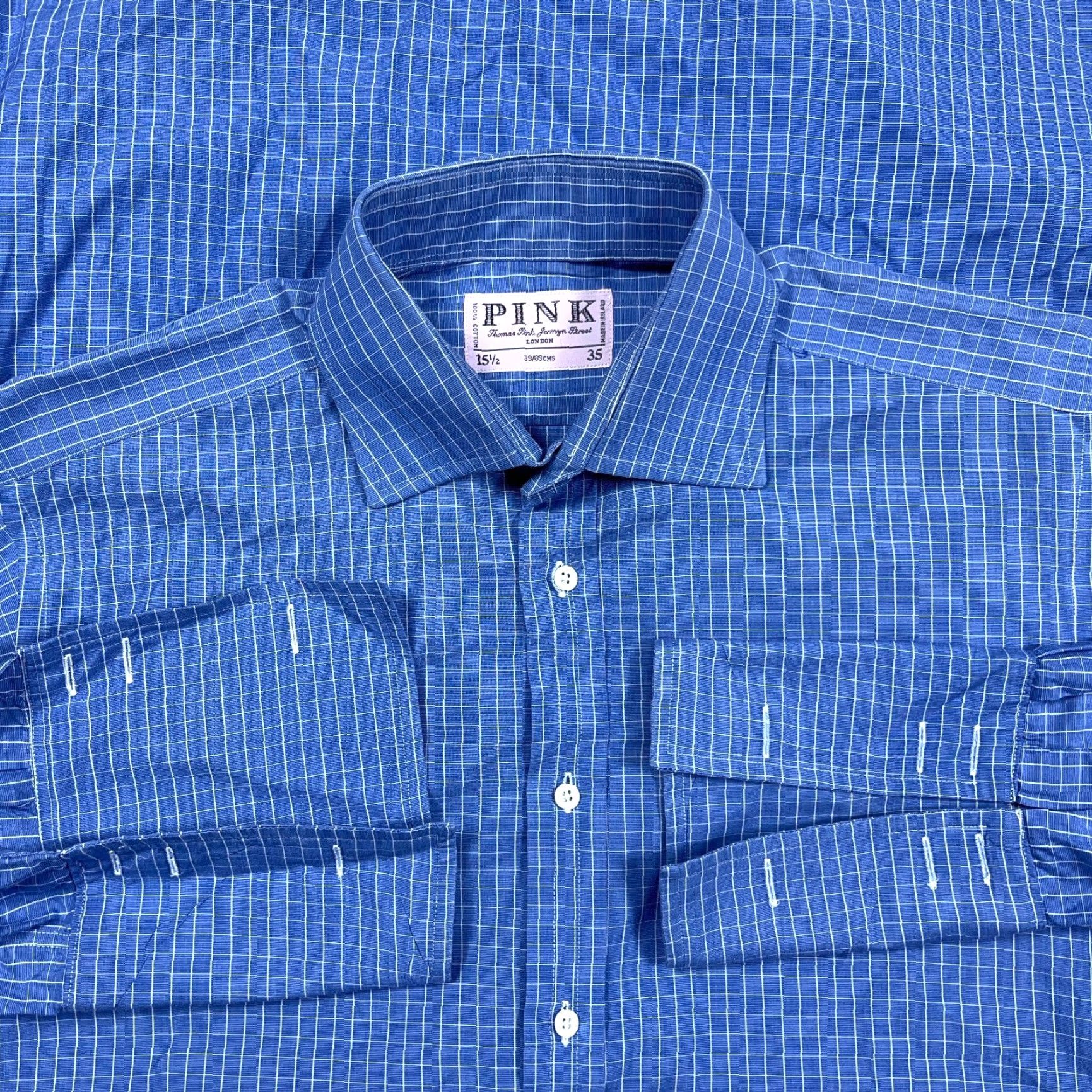 Vintage Thomas Pink Shirt Men 15.5 35 Blue Button-Up Dress French Cuff Poplin Grid Check Size 42R - 2 Thumbnail