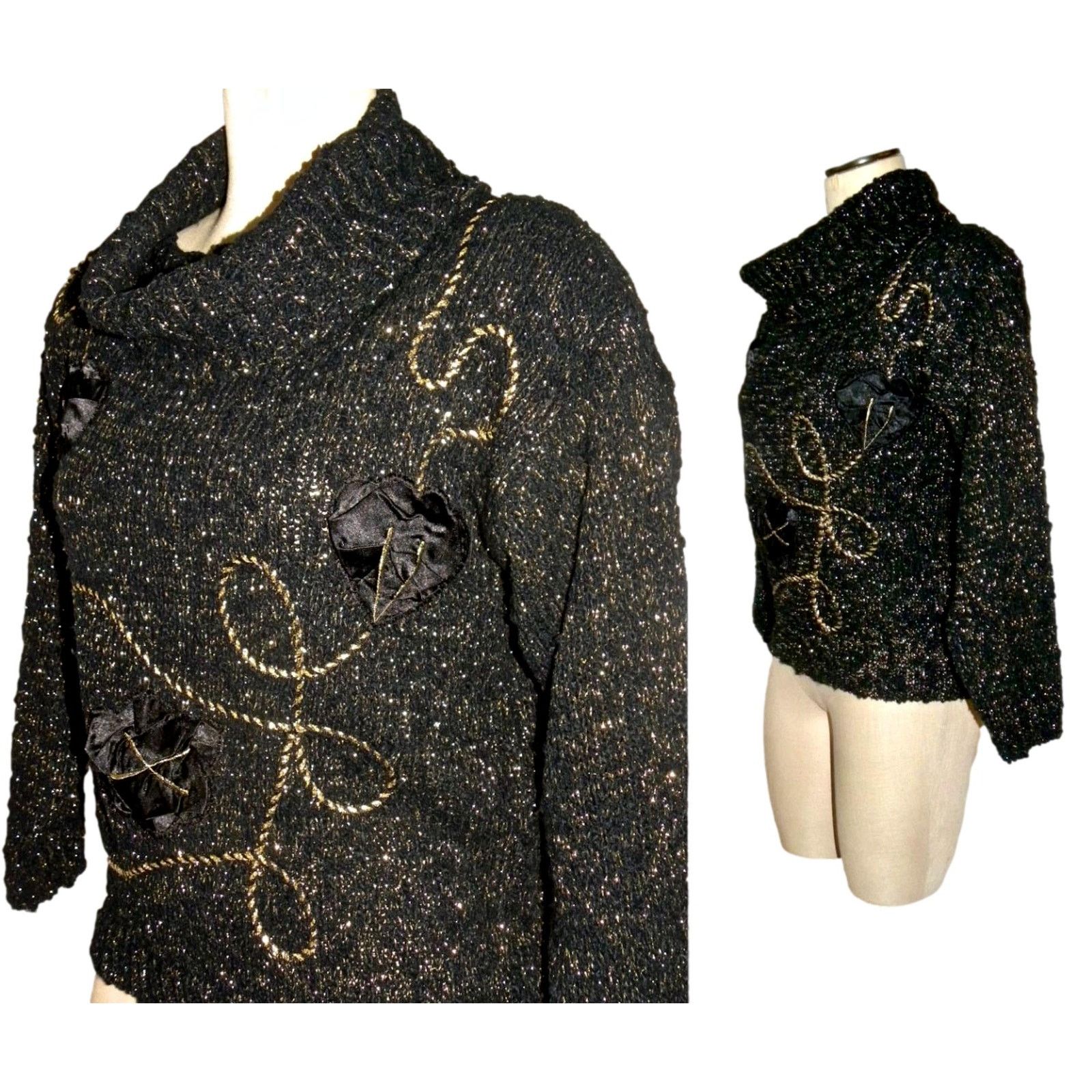 Vintage 80s Black & Gold Lurex Metallic COWL Neck Sweater Size XS / US 0-2 / IT 36-38 - 1 Thumbnail