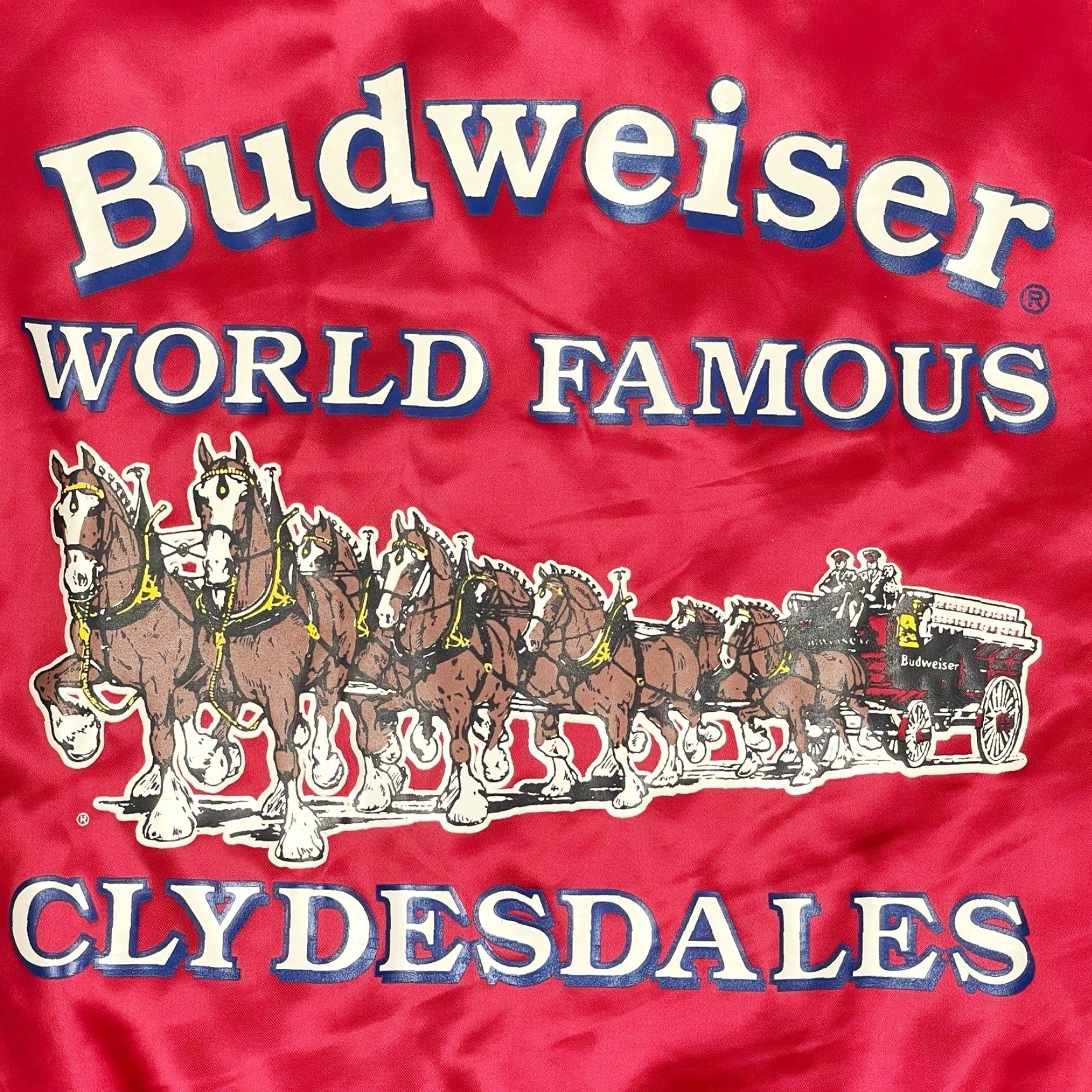 Budweiser VINTAGE Budweiser Clydesdale Satin Bomber Jacket Mens M Red 80s USA Logo Snap Closure Pockets Lightweight Silk-like Nylon Polyester Shirt? Size US M / EU 48-50 / 2 - 3 Thumbnail