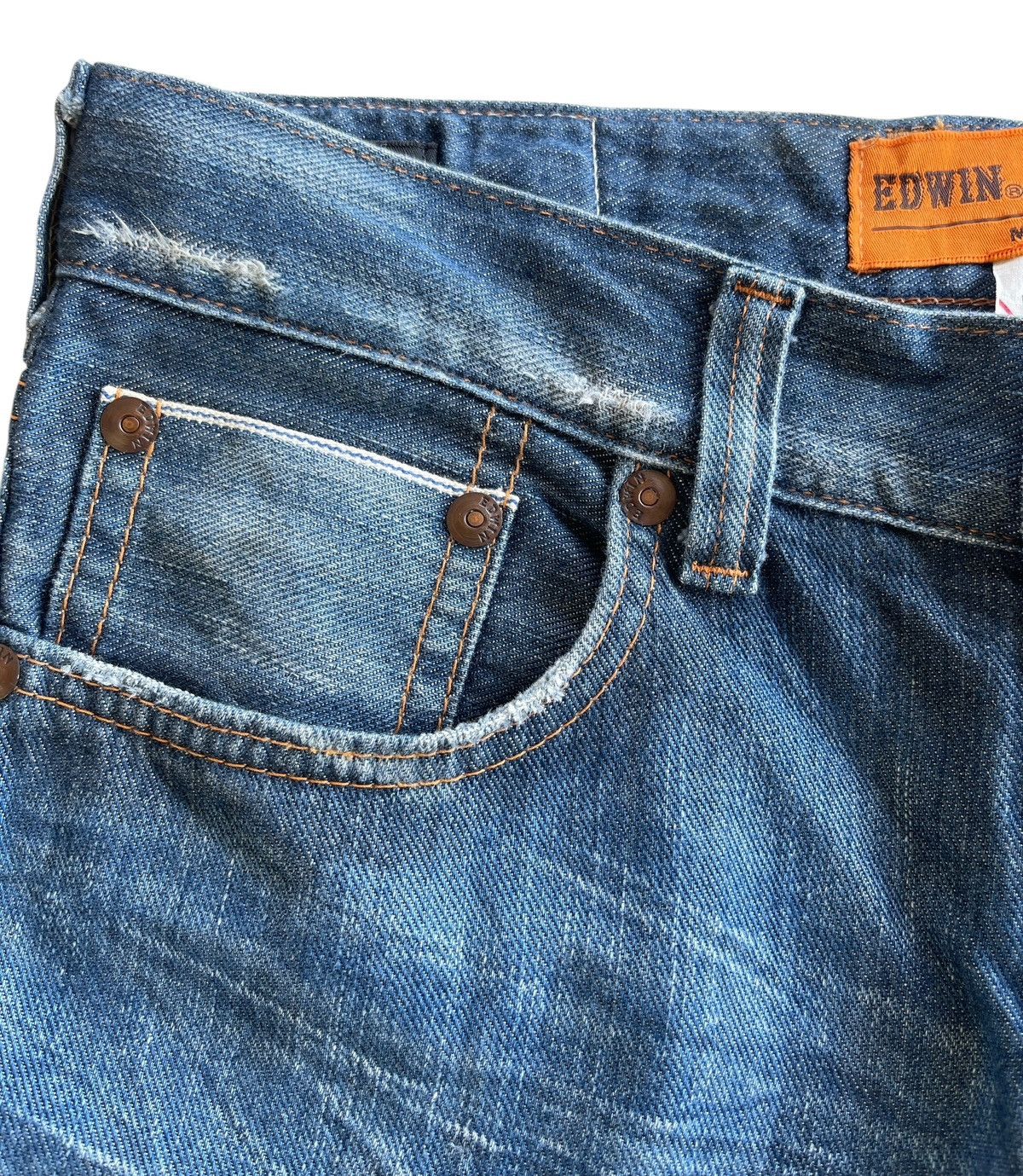 Japanese Brand Edwin Limited Blue Selvedge Buckleback Distressed Denim Size US 31 - 8 Thumbnail