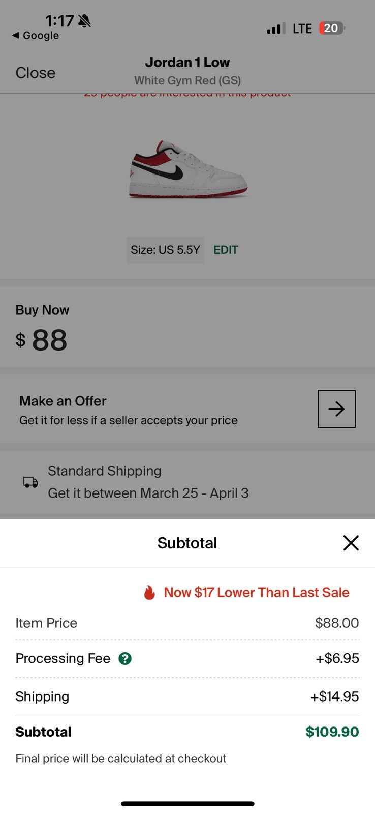 Jordan Brand 2021 Jordan 1 Low “White Gym Red” (GS) Size 5.5Y Size US 5.5 / EU 38 - 14 Thumbnail