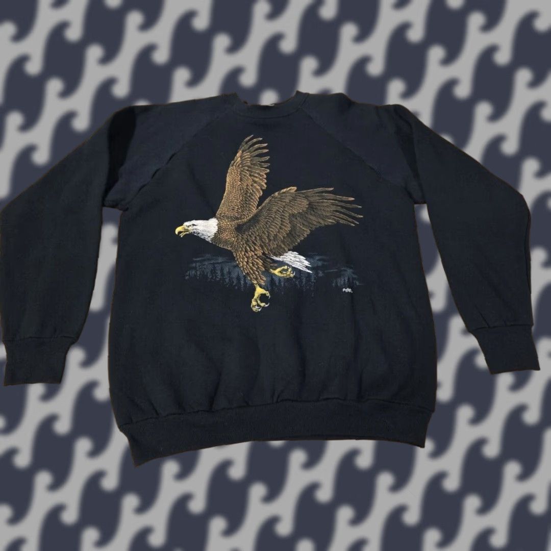 VINTAGE Fruit the Loom Sweatshirt Crewneck L Black Unisex Adults Bald Eagle USA 90s Graphic Print Logo Cotton