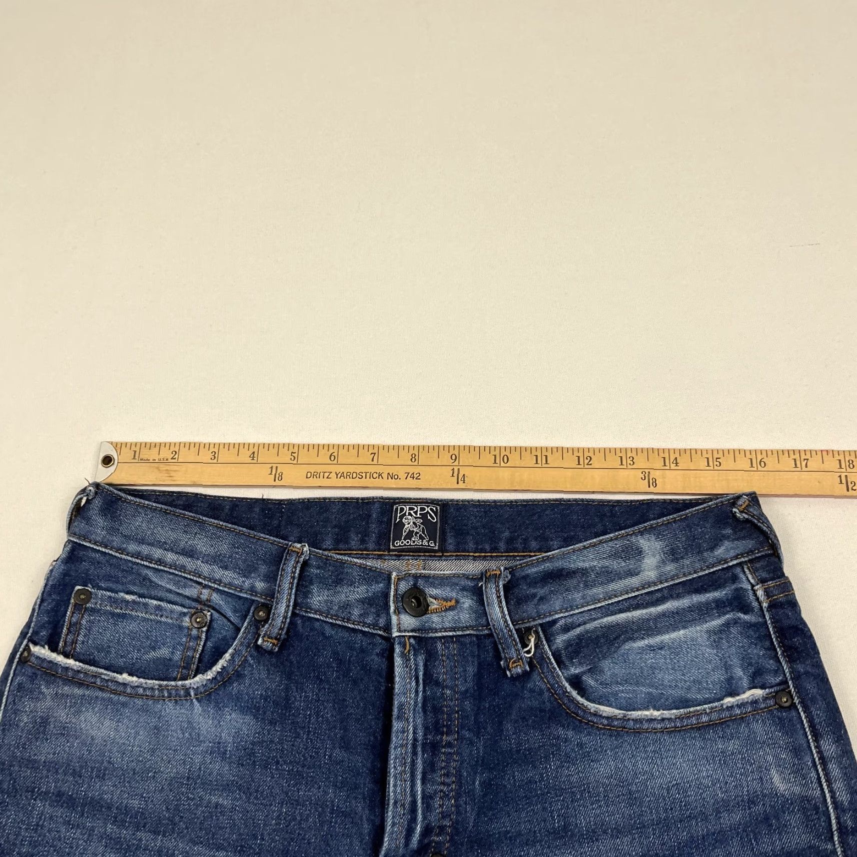 Prps PRPS Jeans Mens 31x32 Demon Fit Dark Blue Distressed Denim Streetwear Button Fly Jeans Mens Blue 31 Slim Hip Hop Branded Belt Loops 5-Pocket Design Size US 31 - 6 Thumbnail