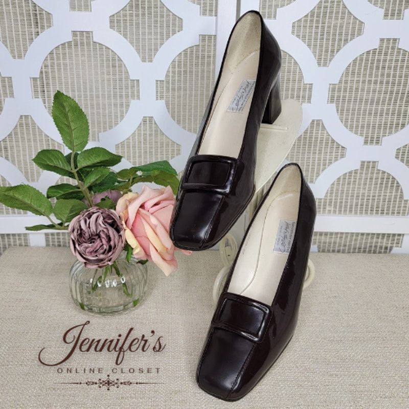 Lord & Taylor Lord & Taylor Brown Patent Leather Buckle Block Heel Pumps Size US 9.5 / IT 39.5 - 2 Thumbnail