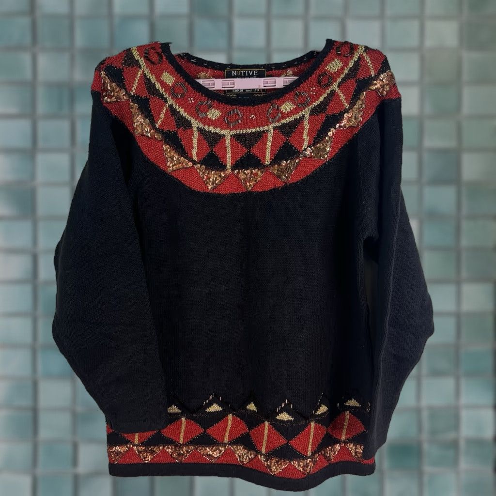 Vintage VINTAGE N8tive Knits Beaded Sweater Shirt Women M Black Red 1980s Sequined Embellished Size M / US 6-8 / IT 42-44 - 1 Thumbnail