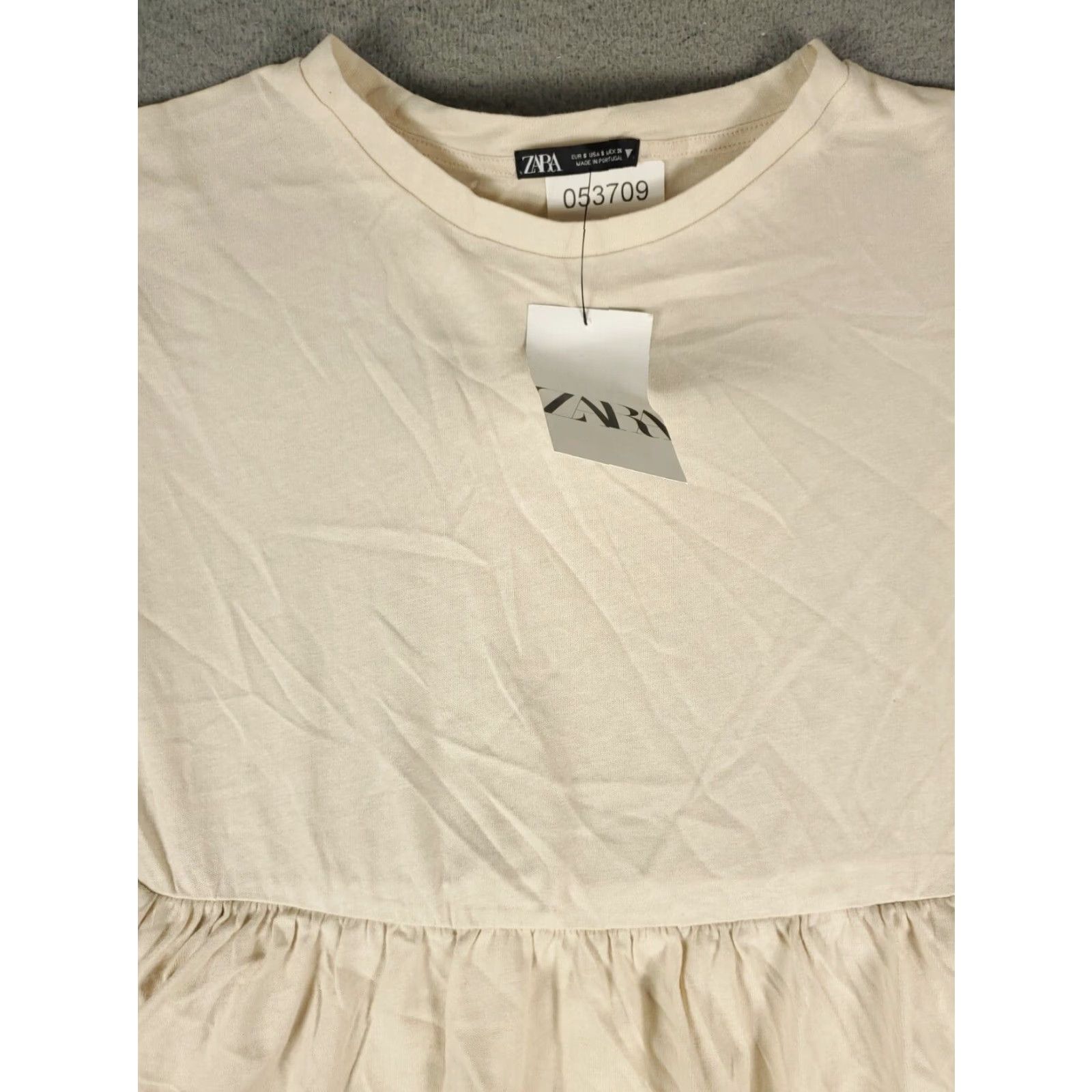 Zara Zara Womens Midi Dress Small Beige Short Sleeve Layered Ruffled Cotton Crew Neck Size 28" / US 6 / IT 42 - 2 Thumbnail
