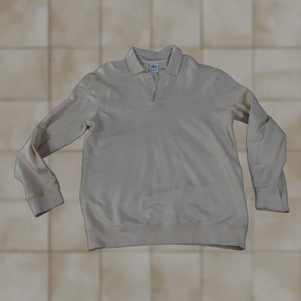 Zara VINTAGE Zara Sweatshirt Mens Small Beige Cream Collared Pullover Rib Cuffs Hem Cotton Size US S / EU 44-46 / 1 - 1 Thumbnail
